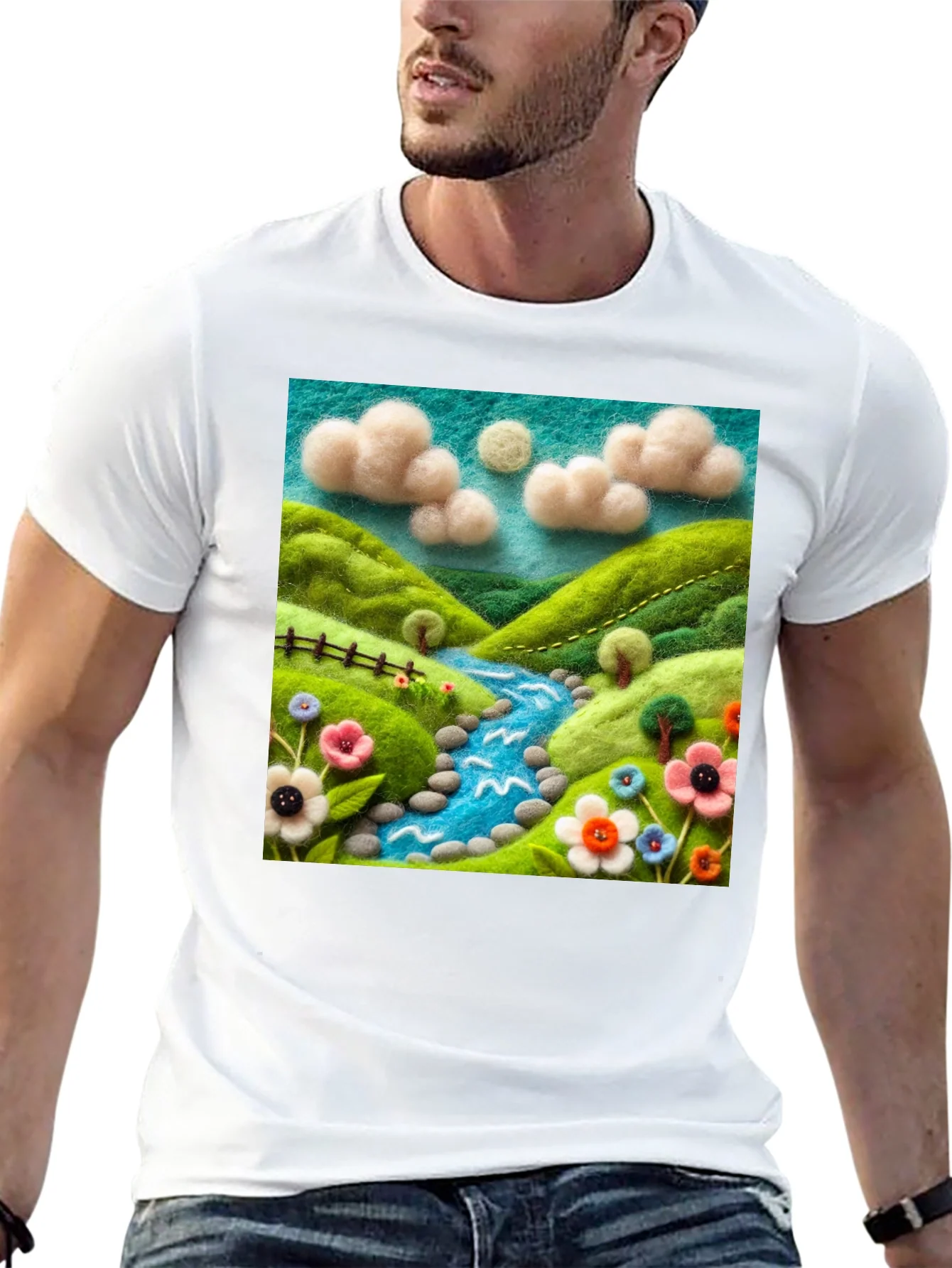 Camiseta Negra con Dise?o Esc¨¦nico Floral y R¨ªo