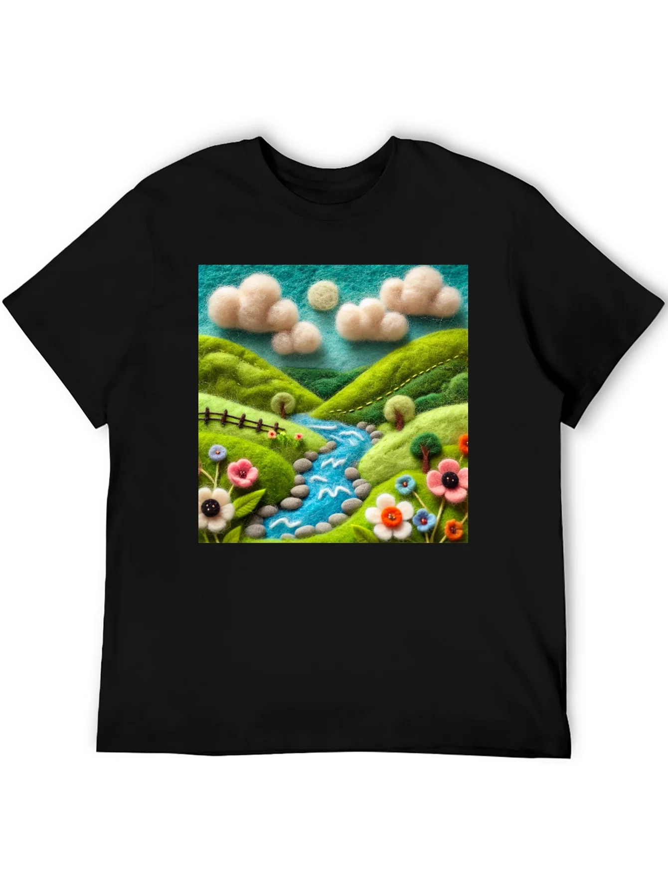 Camiseta Negra con Dise?o Esc¨¦nico Floral y R¨ªo