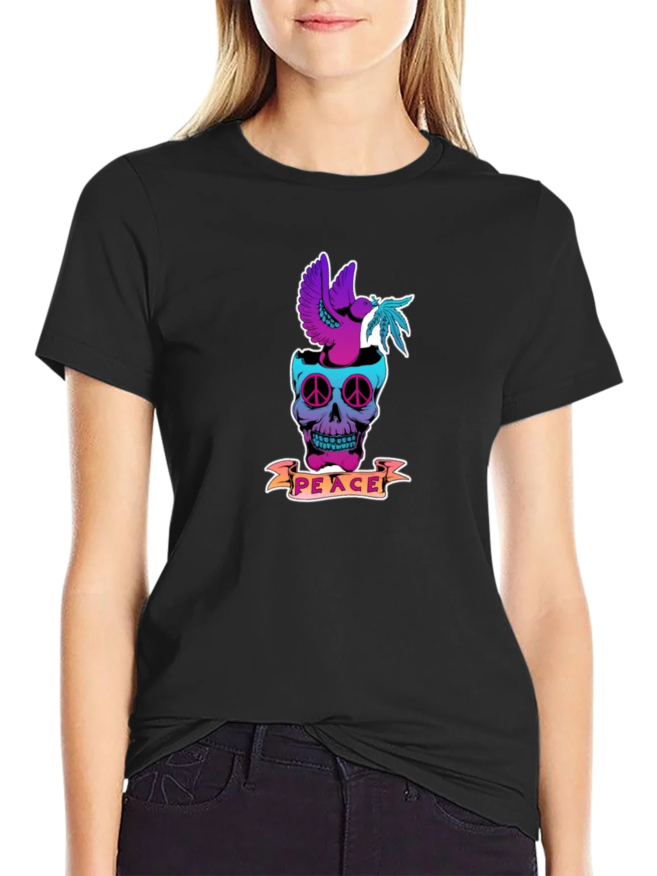 Camiseta Negra Estampada Calavera Peace