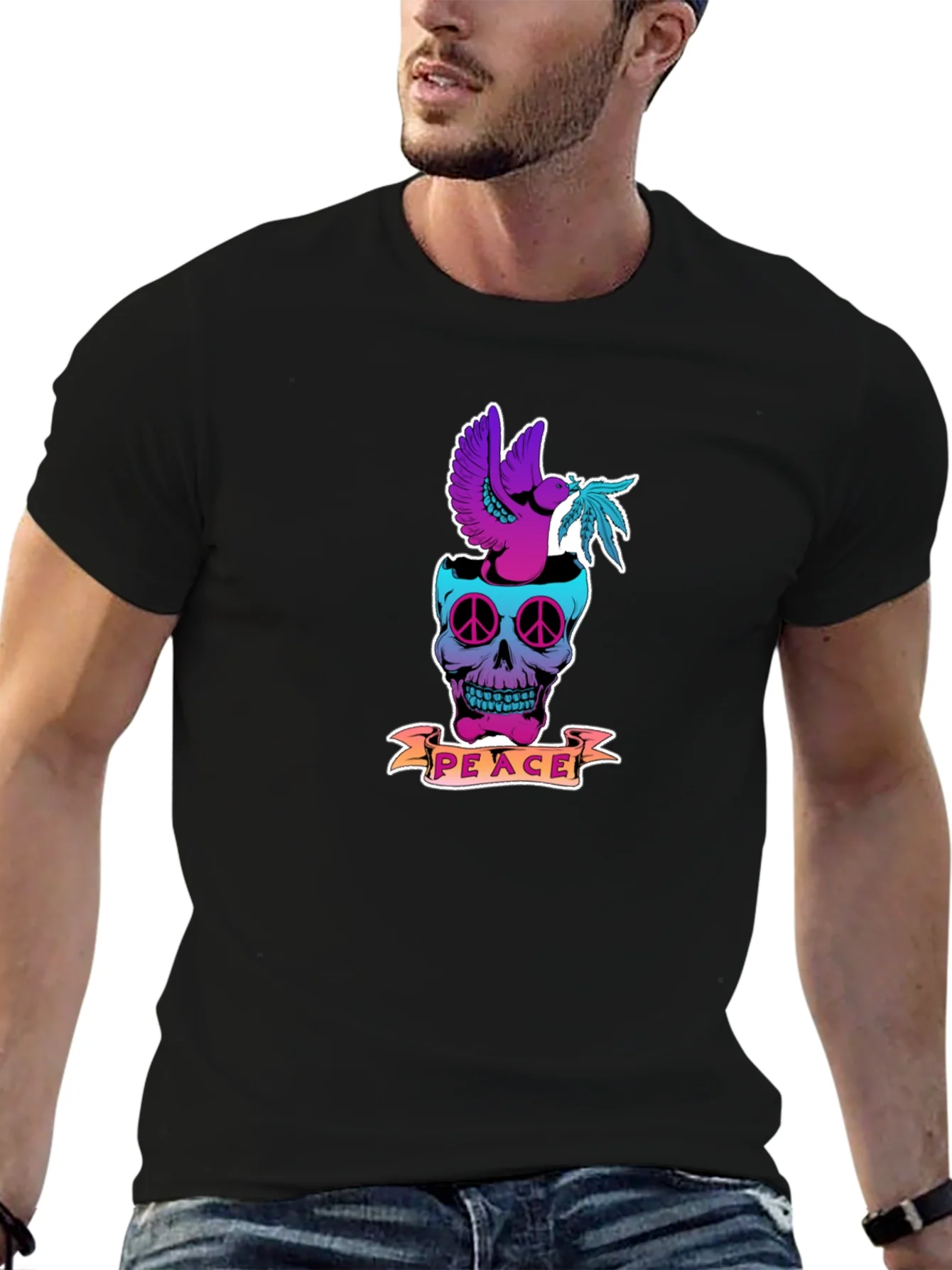Camiseta Negra Estampada Calavera Peace