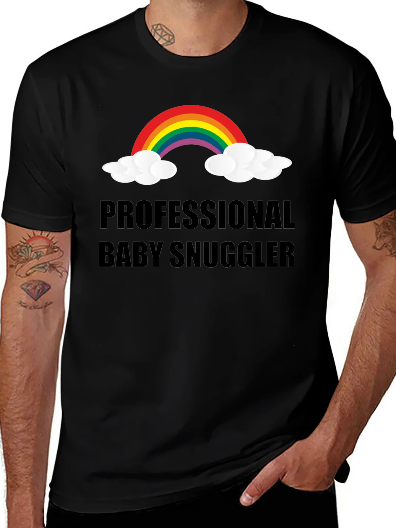 Camiseta Negra Professional Baby Snuggler con Arco Iris