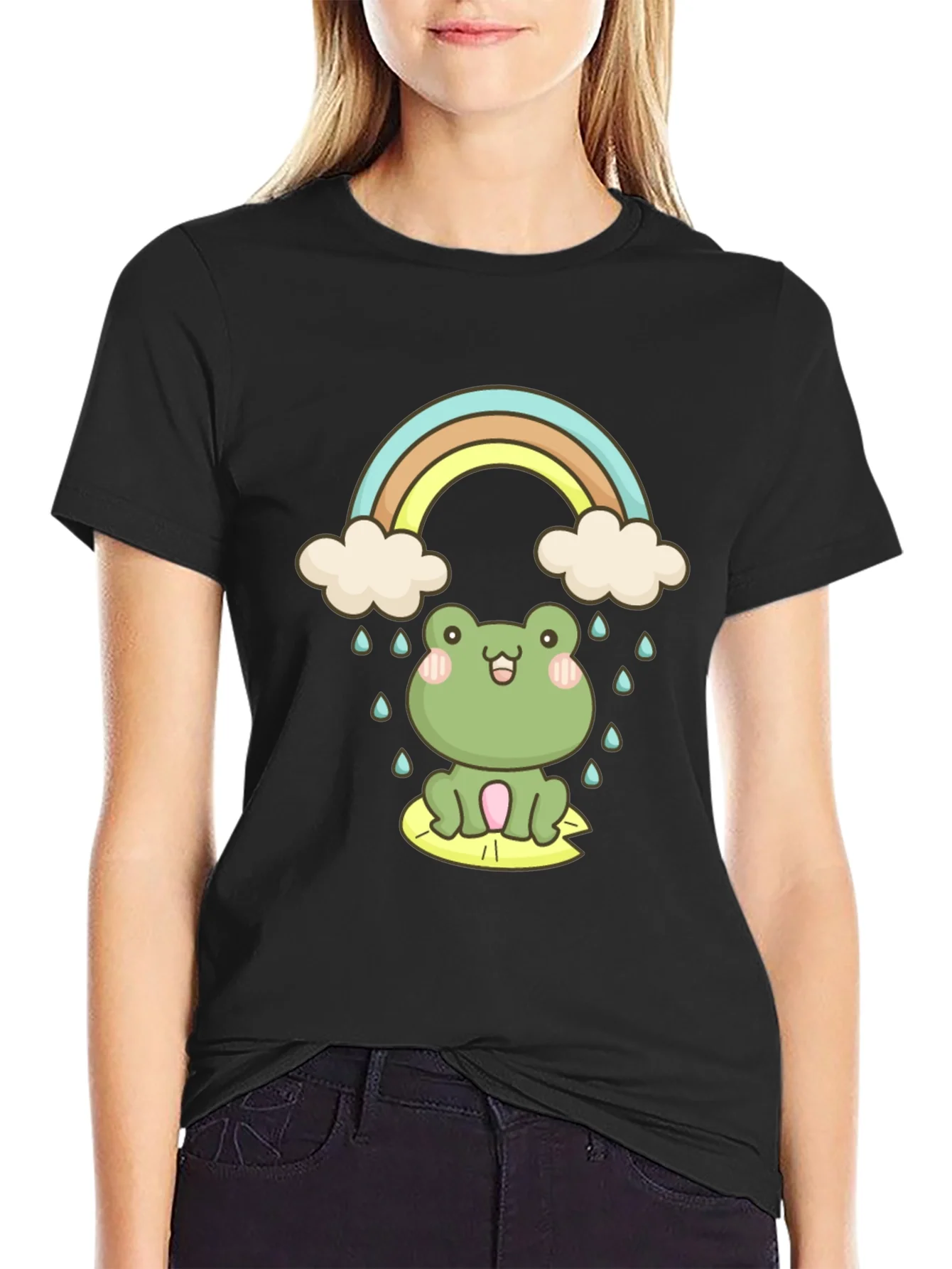 Camiseta Negra con Rana y Arco¨ªris Kawaii