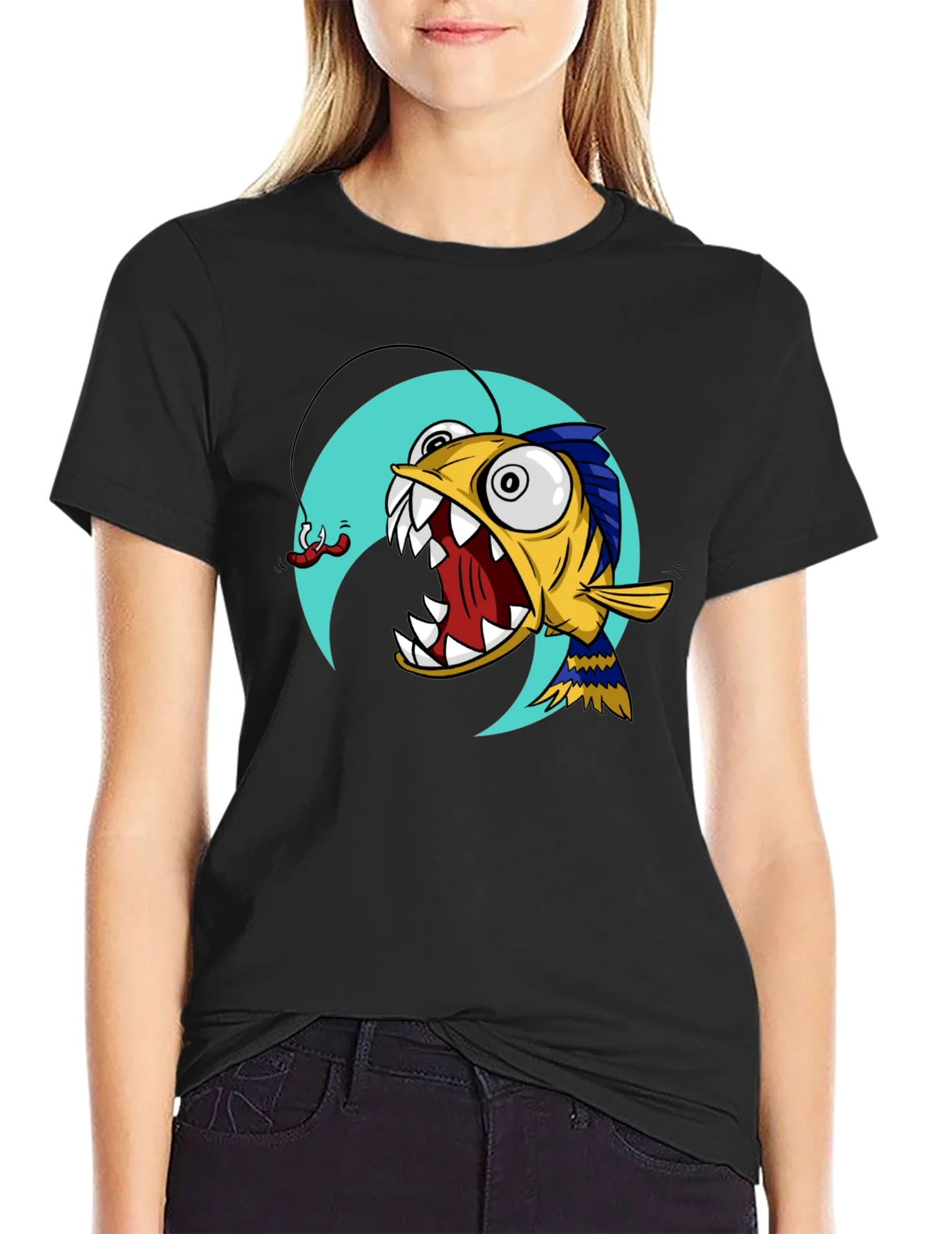 Rebbecca Angler Fish Graphic T-Shirt - Black Cotton Tee
