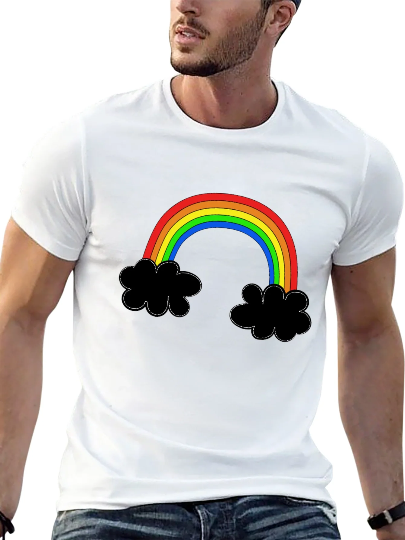 Camiseta Negra con Arco¨ªris y Nubes