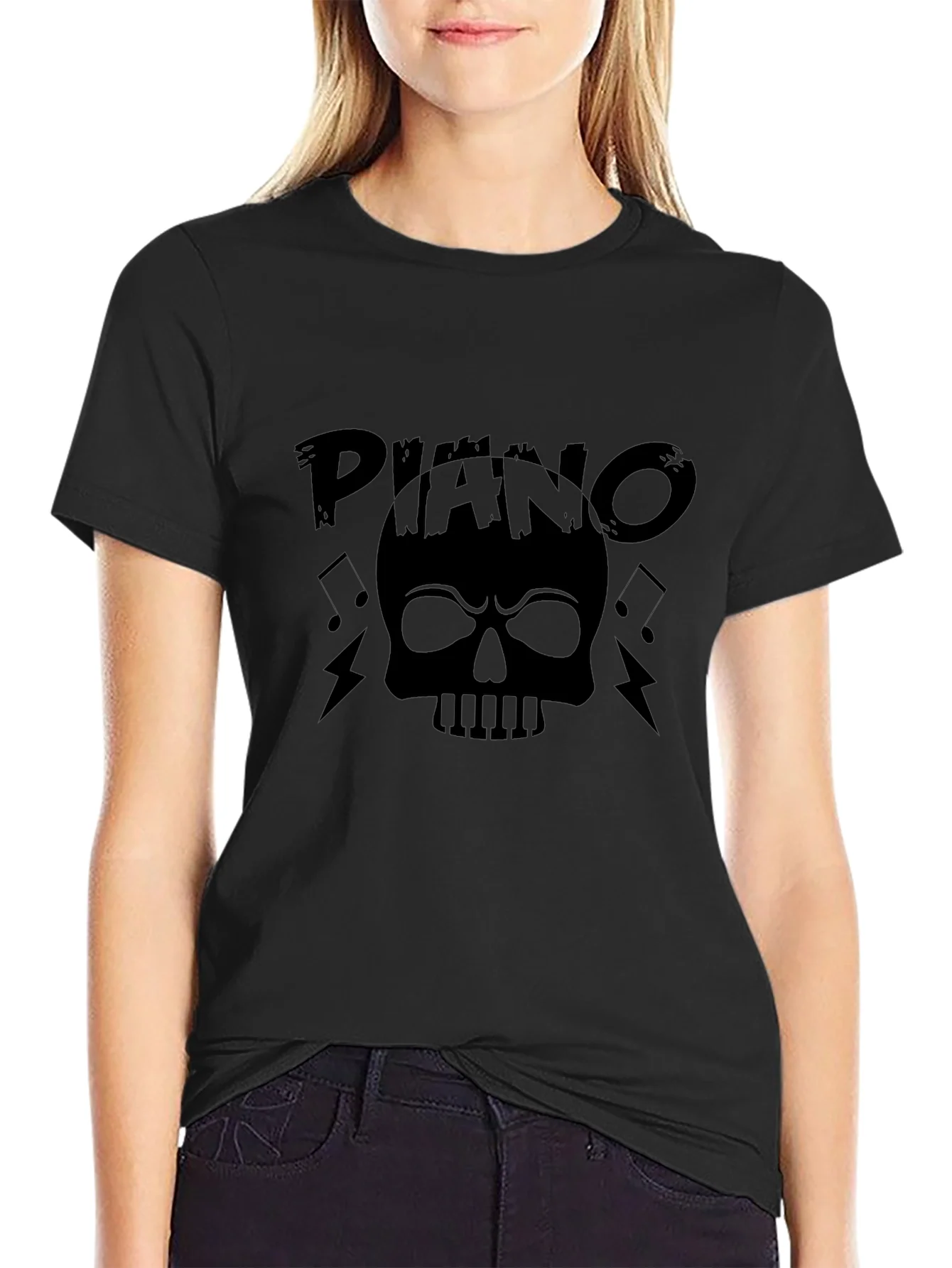 Camiseta Negra Estampada Piano Skull Rock