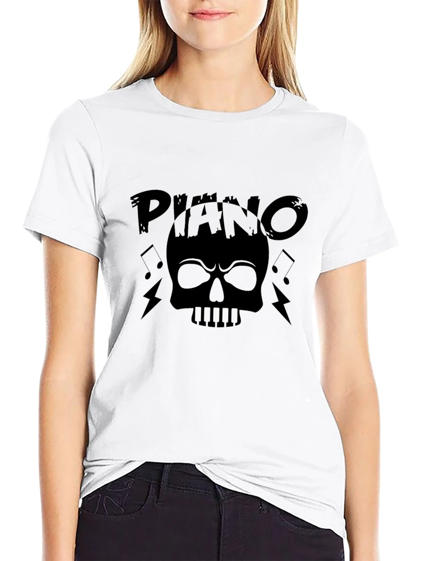Camiseta Negra Estampada Piano Skull Rock