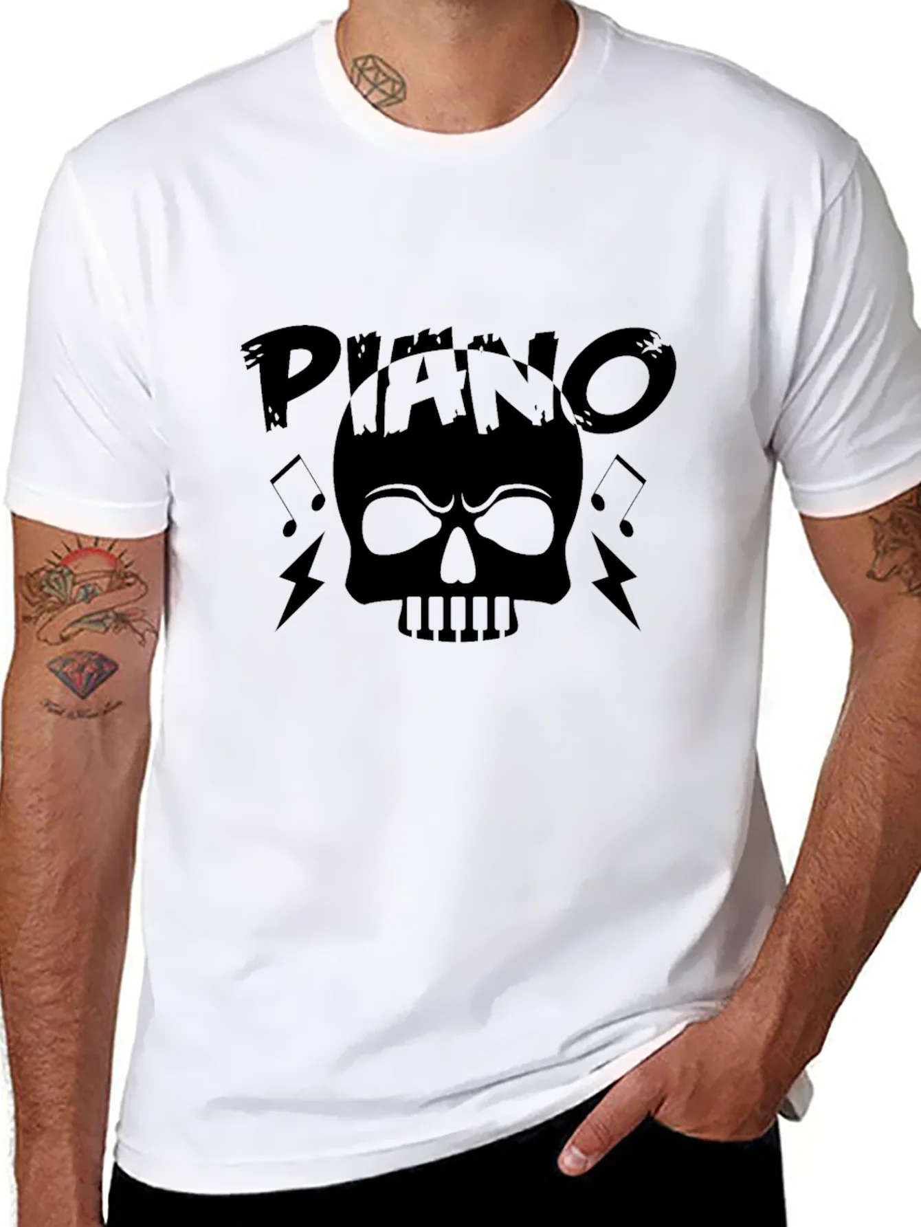 Camiseta Negra Estampada Piano Skull Rock