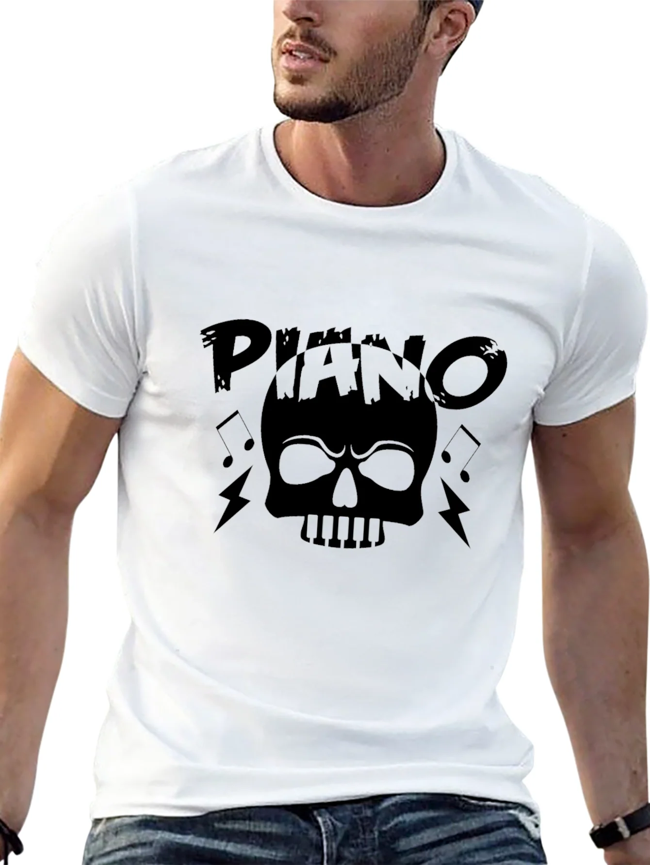 Camiseta Negra Estampada Piano Skull Rock