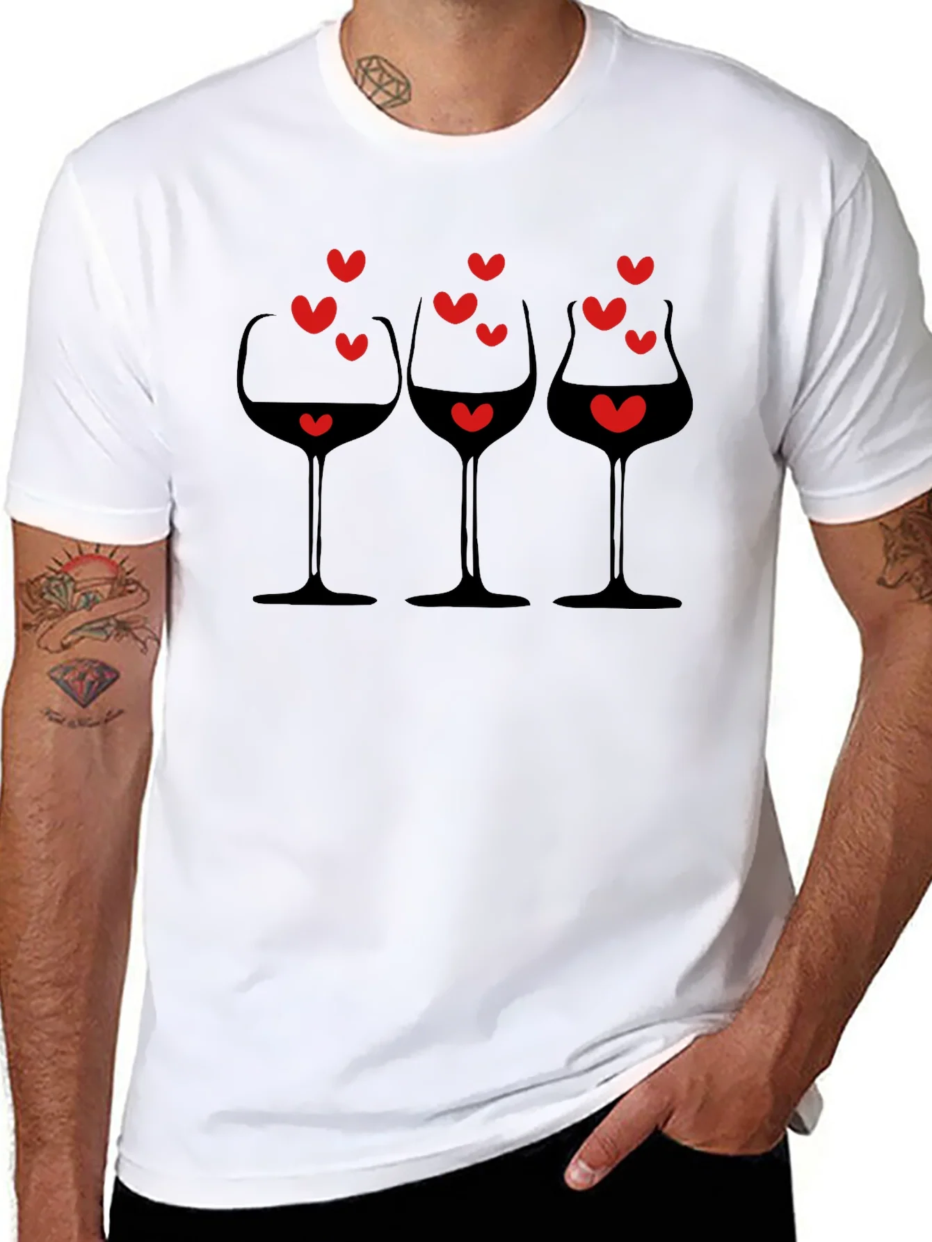 Rebbecca Wine Glasses & Hearts Graphic Black T-Shirt
