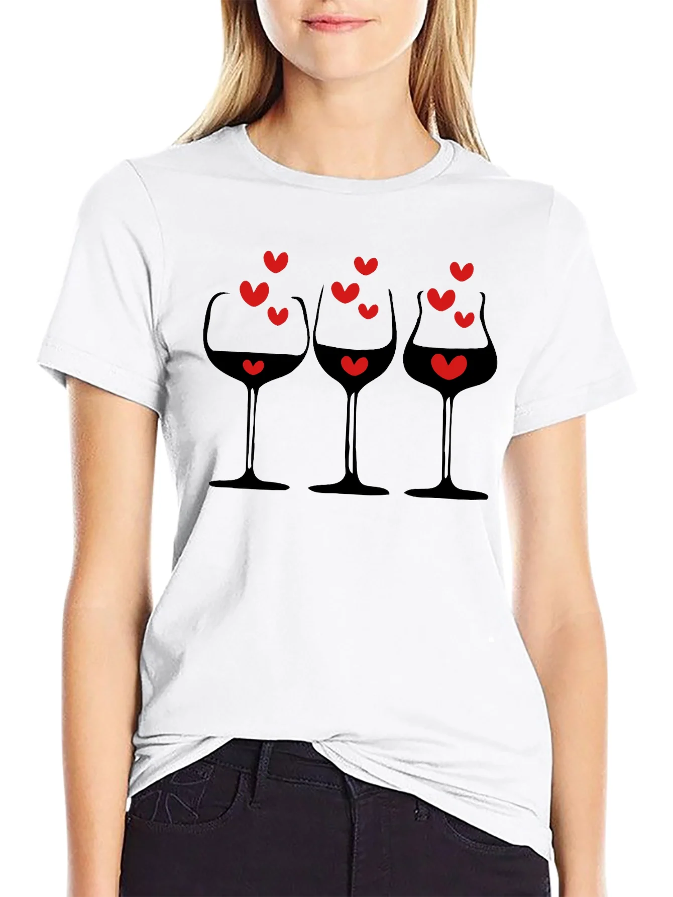 Rebbecca Wine Glasses & Hearts Graphic Black T-Shirt