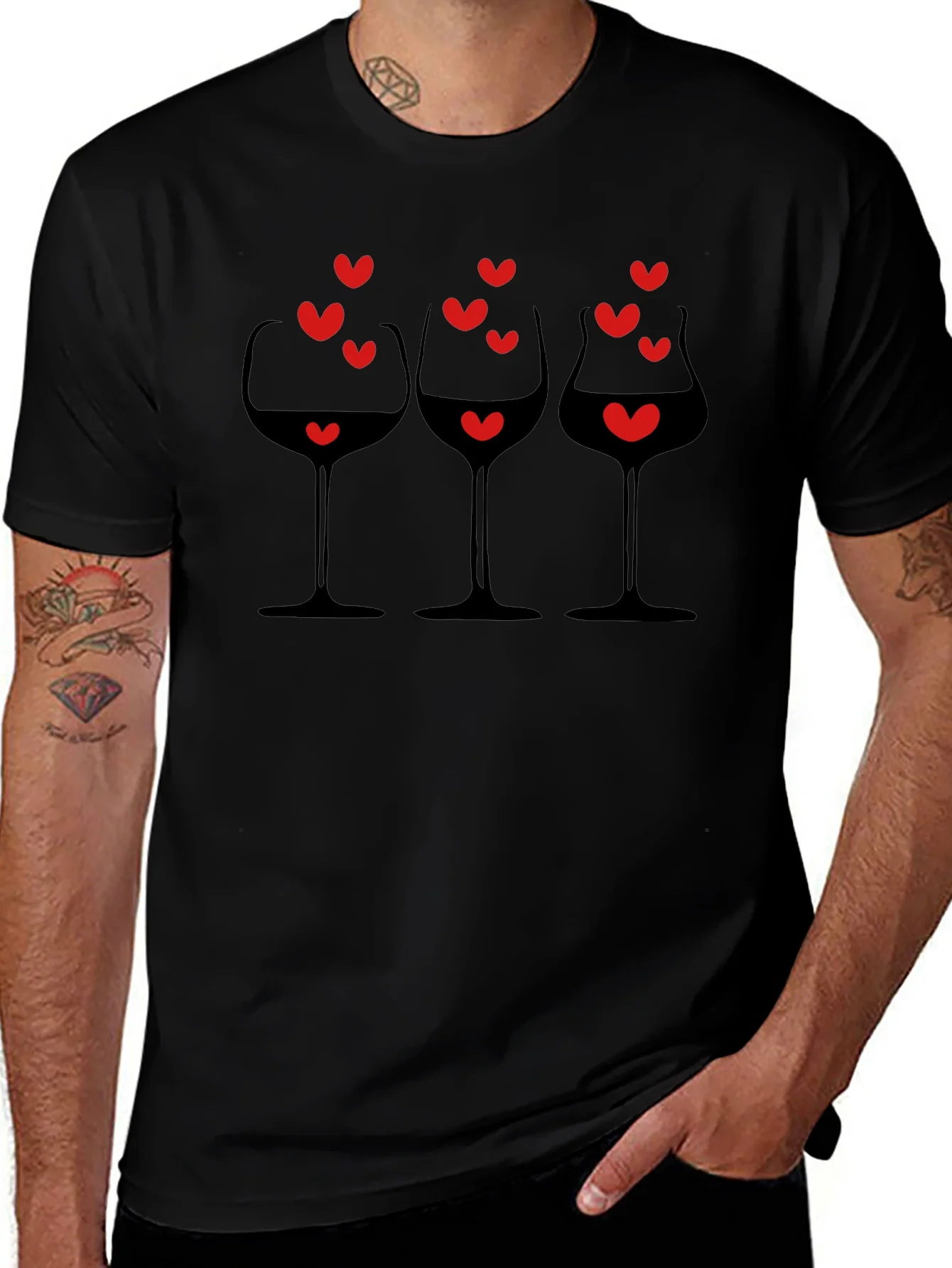 Rebbecca Wine Glasses & Hearts Graphic Black T-Shirt