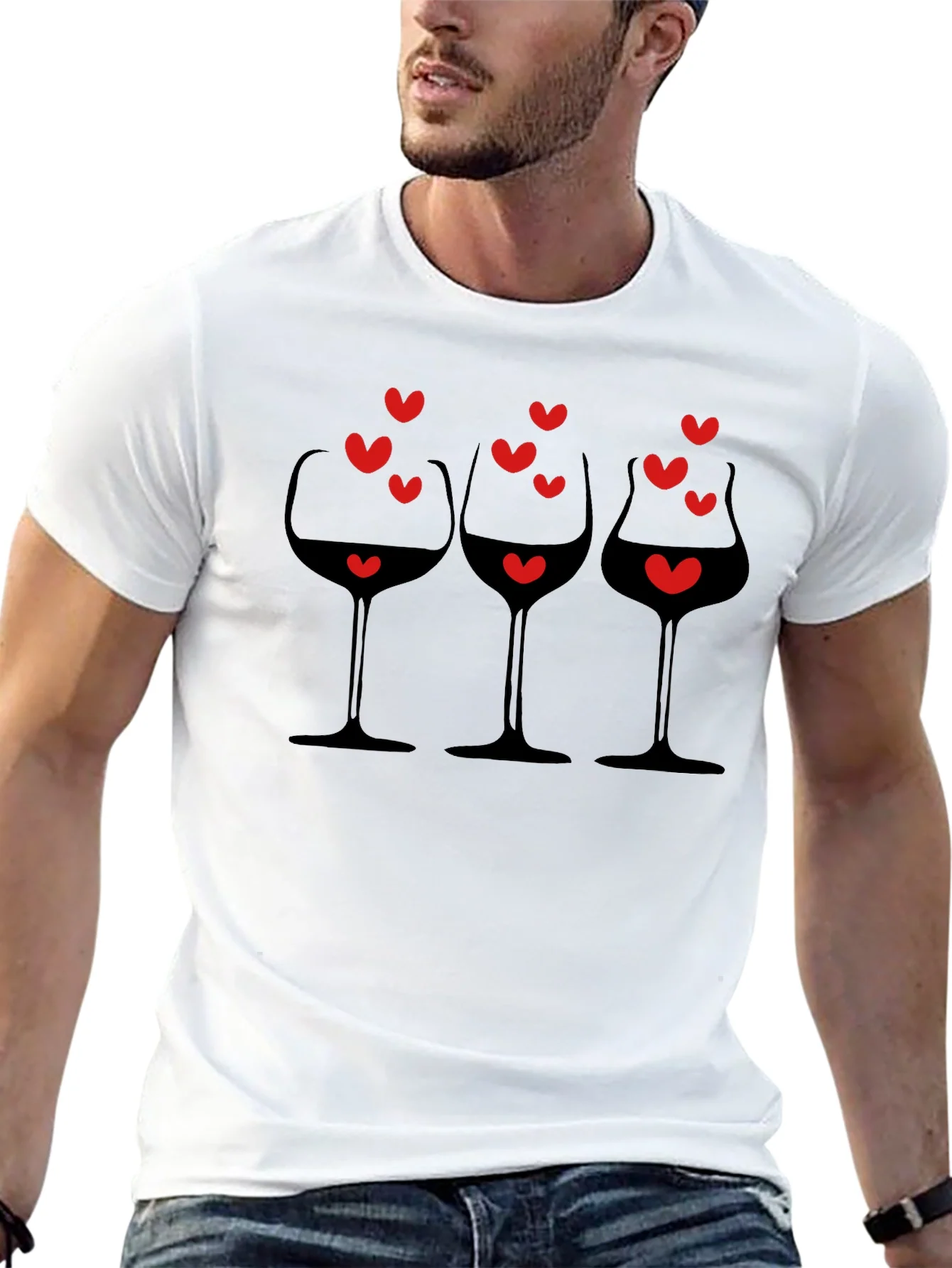 Rebbecca Wine Glasses & Hearts Graphic Black T-Shirt