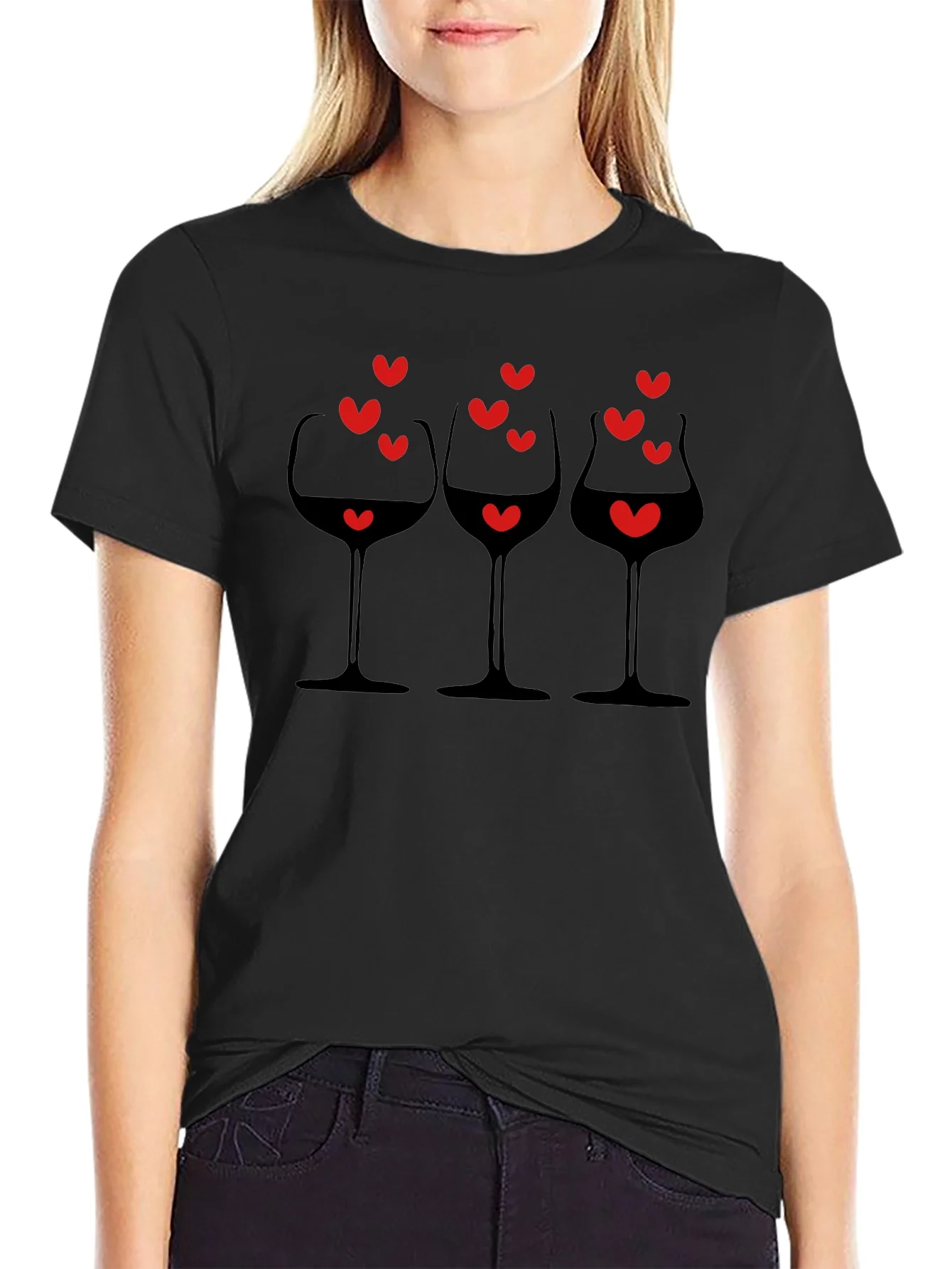 Rebbecca Wine Glasses & Hearts Graphic Black T-Shirt