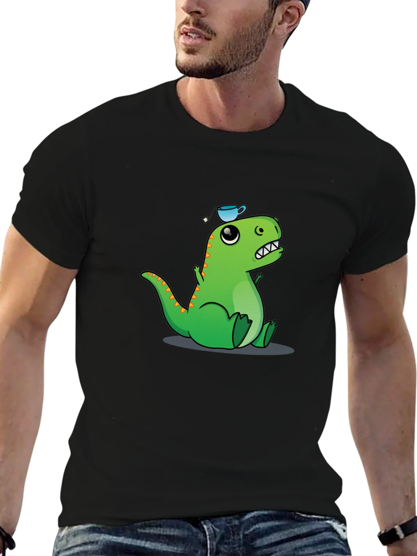 Camiseta Negra con Dinosaurio y Taza