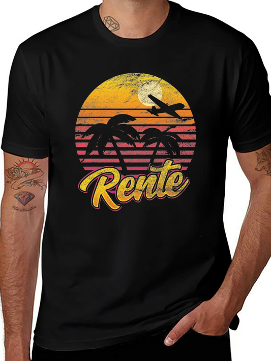 Camiseta Retro Rente Atardecer con Avi¨®n y Palmeras