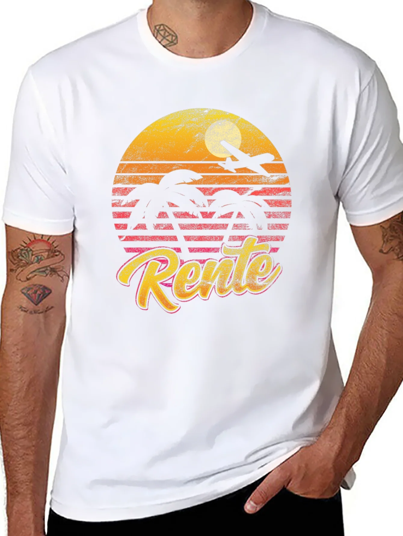 Camiseta Retro Rente Atardecer con Avi¨®n y Palmeras