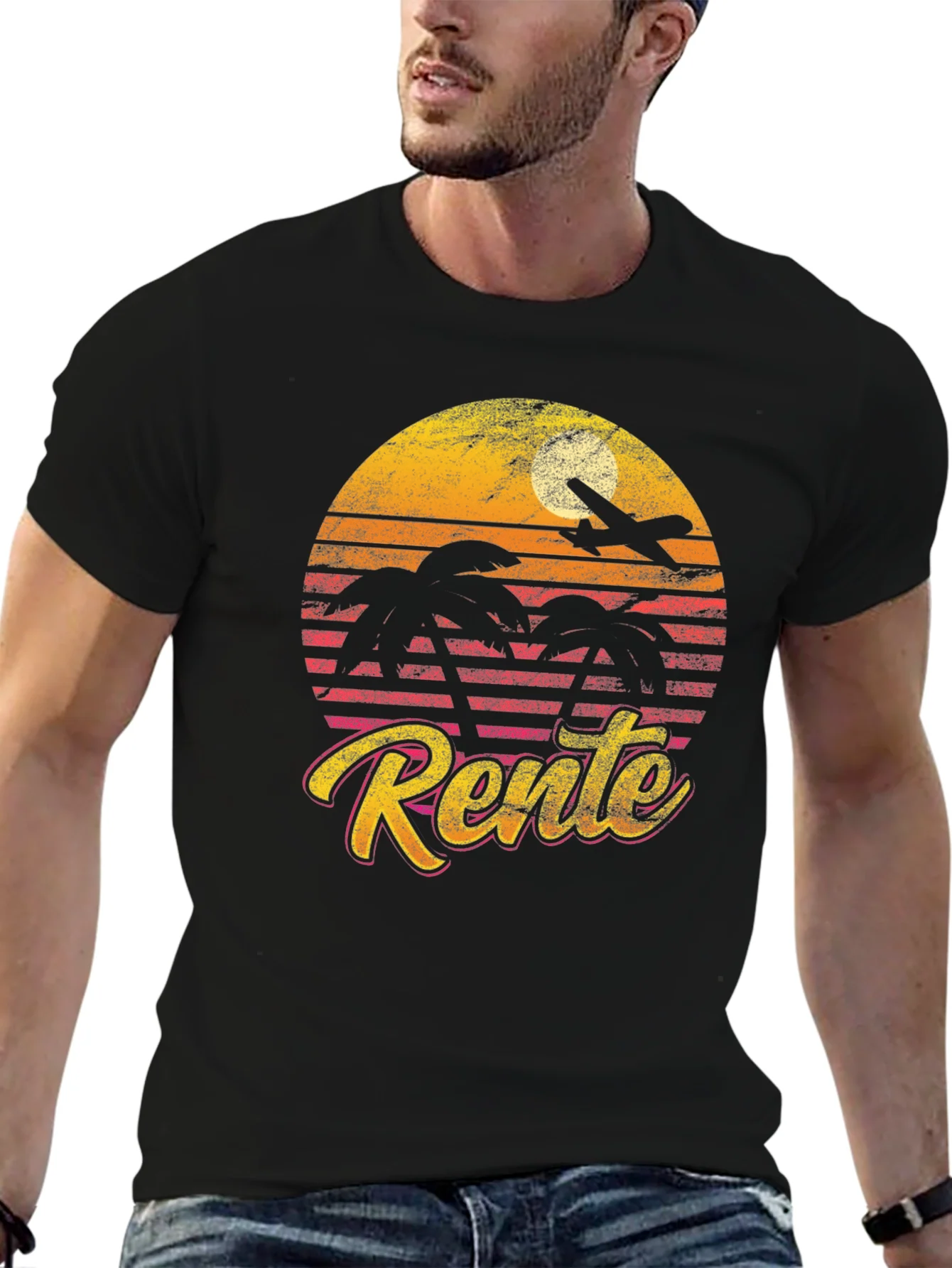 Camiseta Retro Rente Atardecer con Avi¨®n y Palmeras