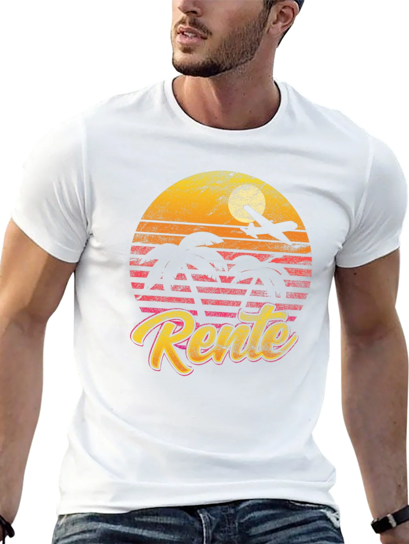 Camiseta Retro Rente Atardecer con Avi¨®n y Palmeras