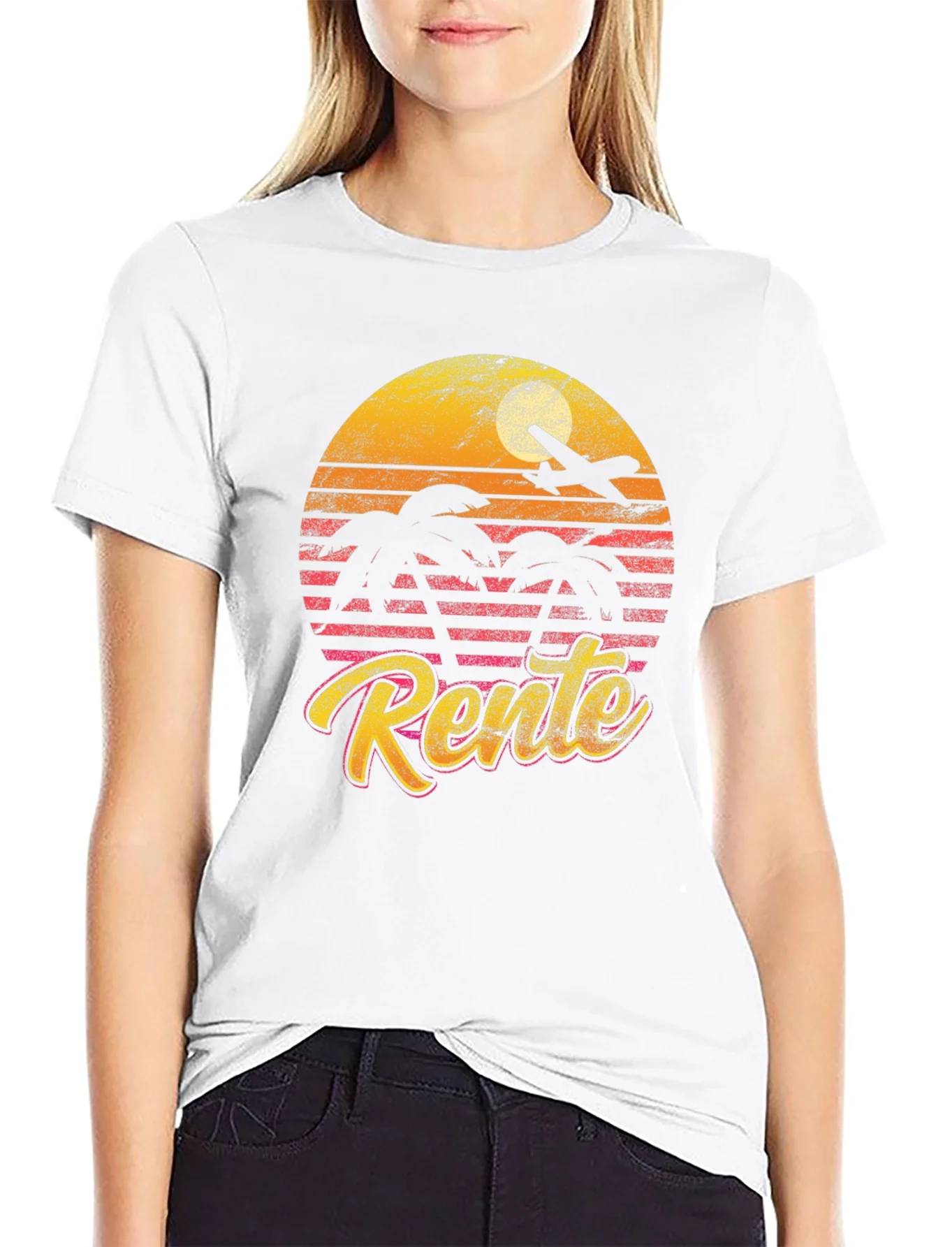 Camiseta Retro Rente Atardecer con Avi¨®n y Palmeras