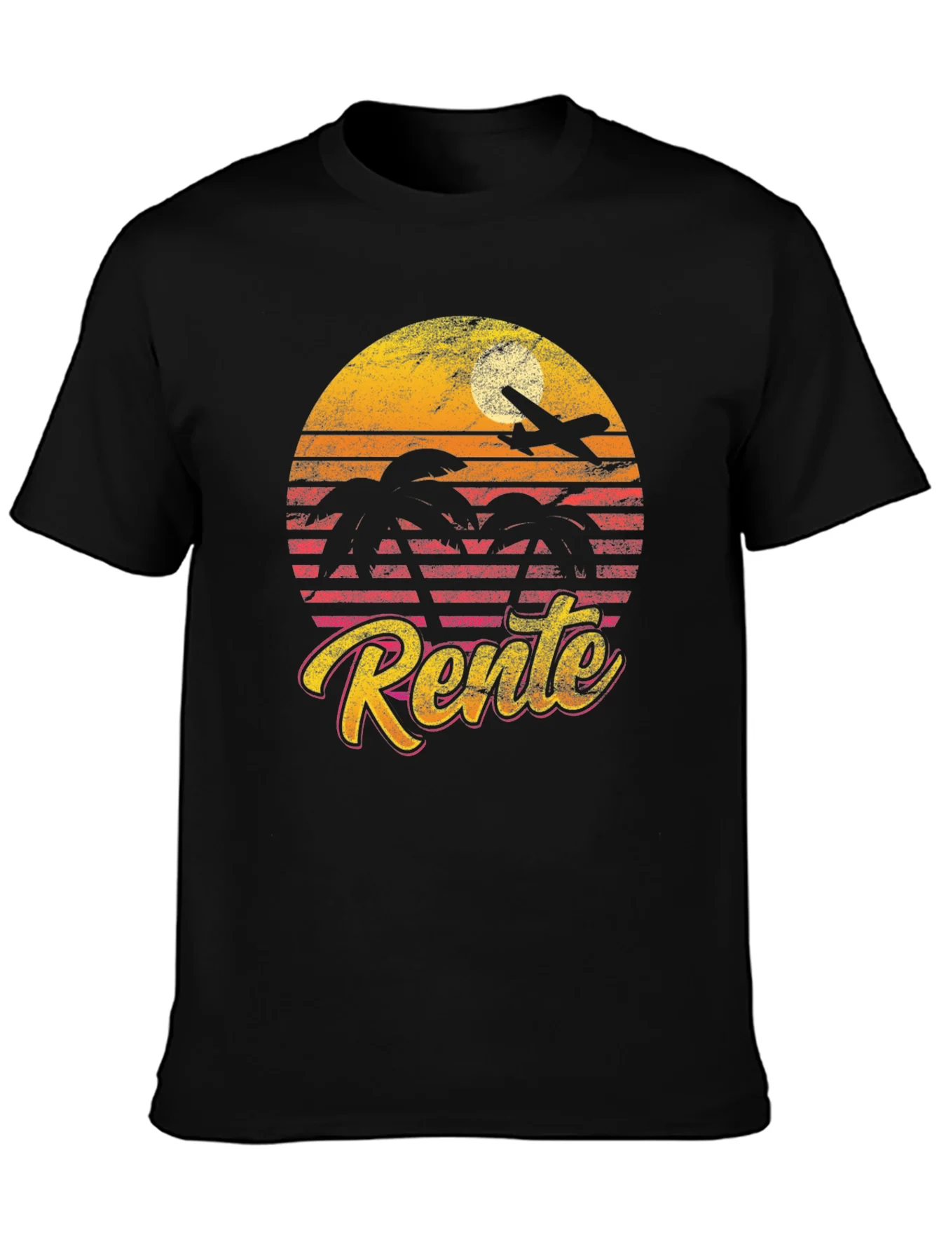Camiseta Retro Rente Atardecer con Avi¨®n y Palmeras