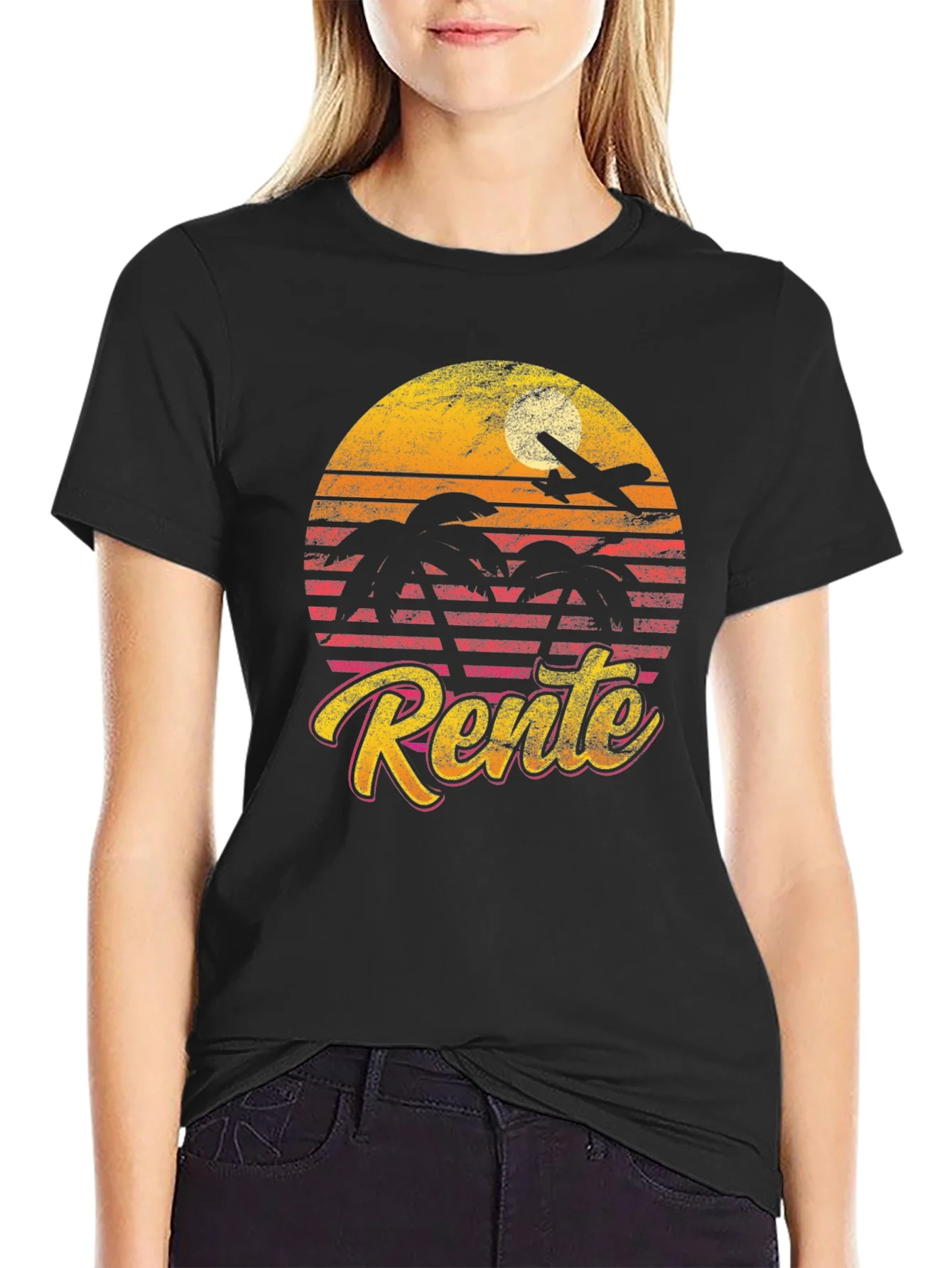 Camiseta Retro Rente Atardecer con Avi¨®n y Palmeras