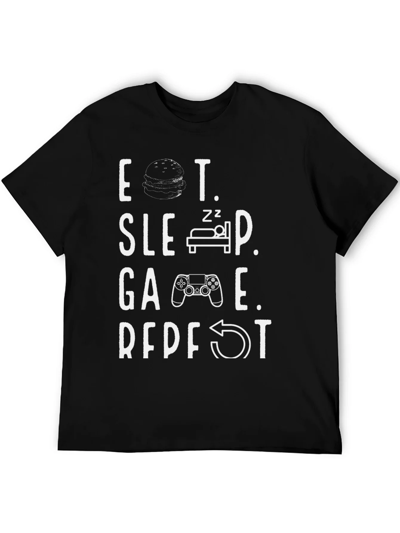 Rebbecca Eat Sleep Game Repeat Black Graphic Tee