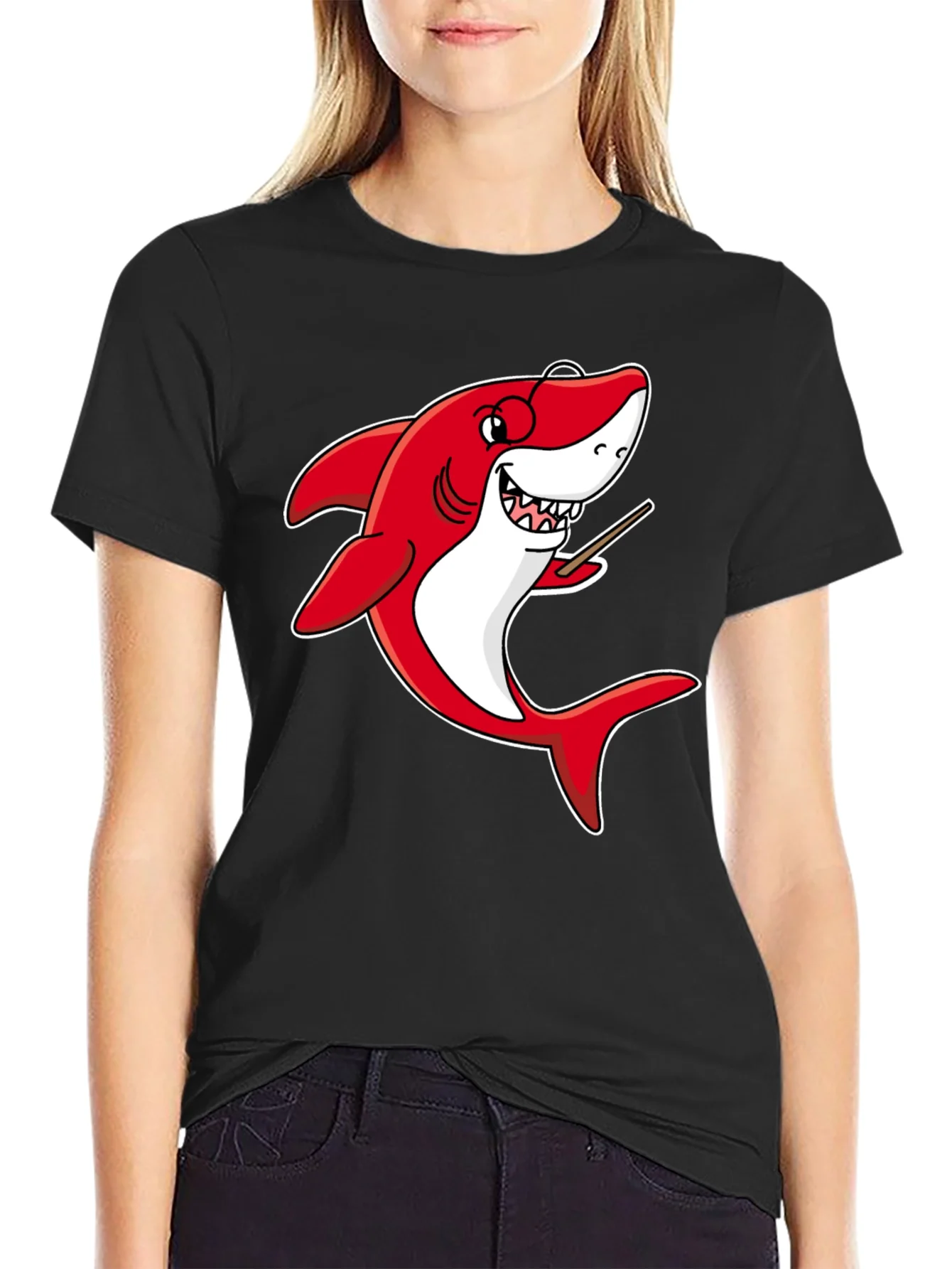 Rebbecca Cartoon Shark Teacher Graphic Tee - Black