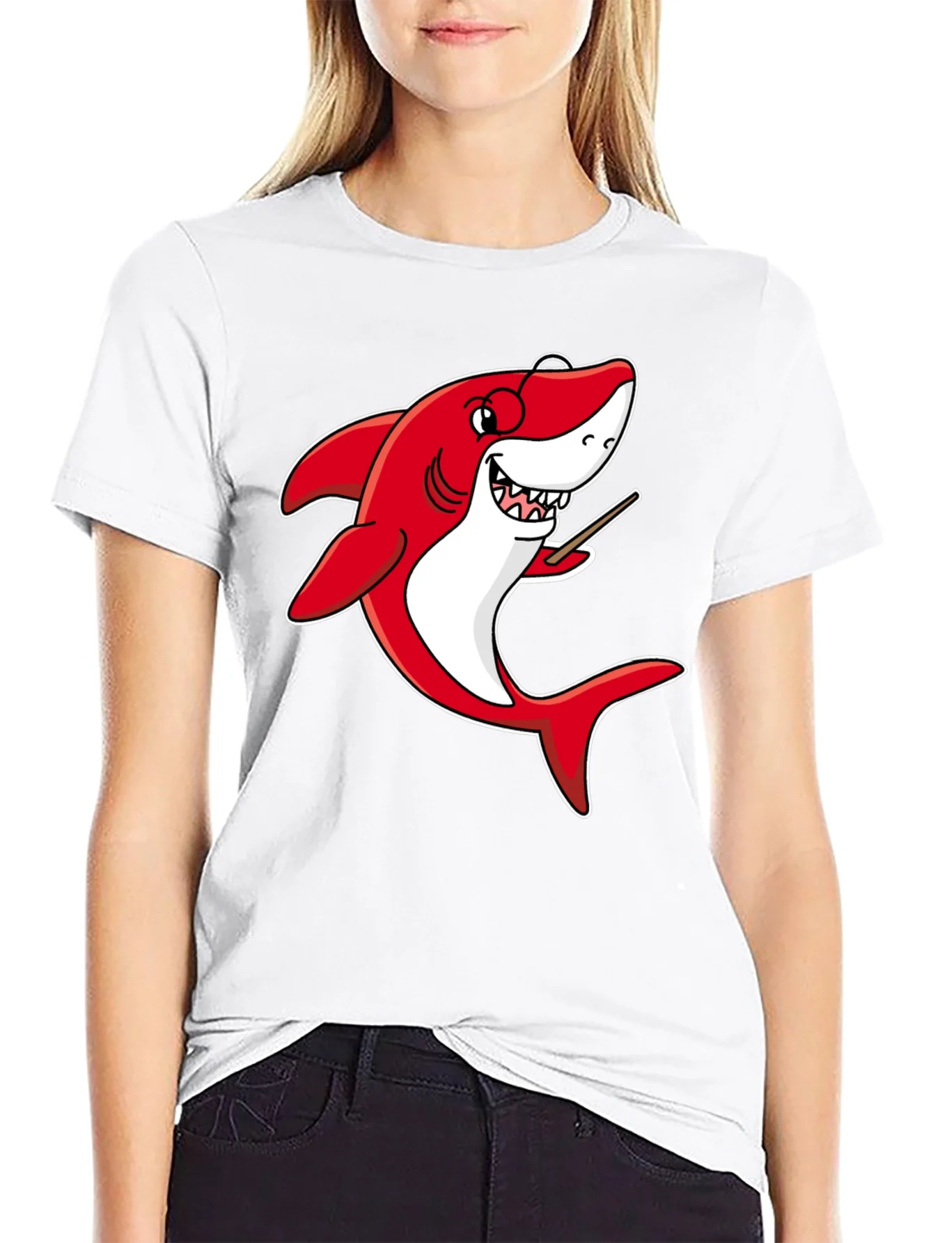 Rebbecca Cartoon Shark Teacher Graphic Tee - Black