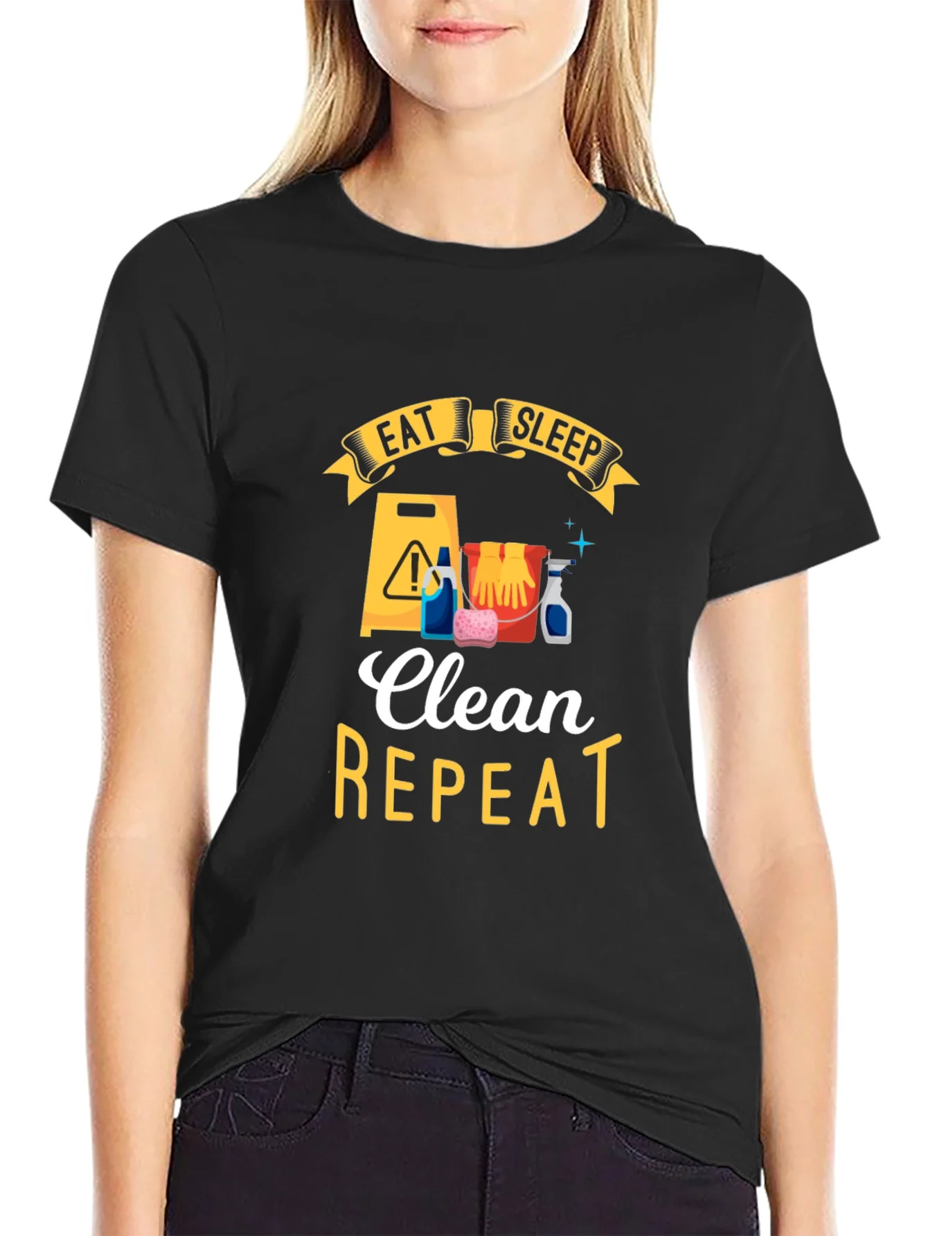 Rebbecca Eat Sleep Clean Repeat Black Graphic Tee
