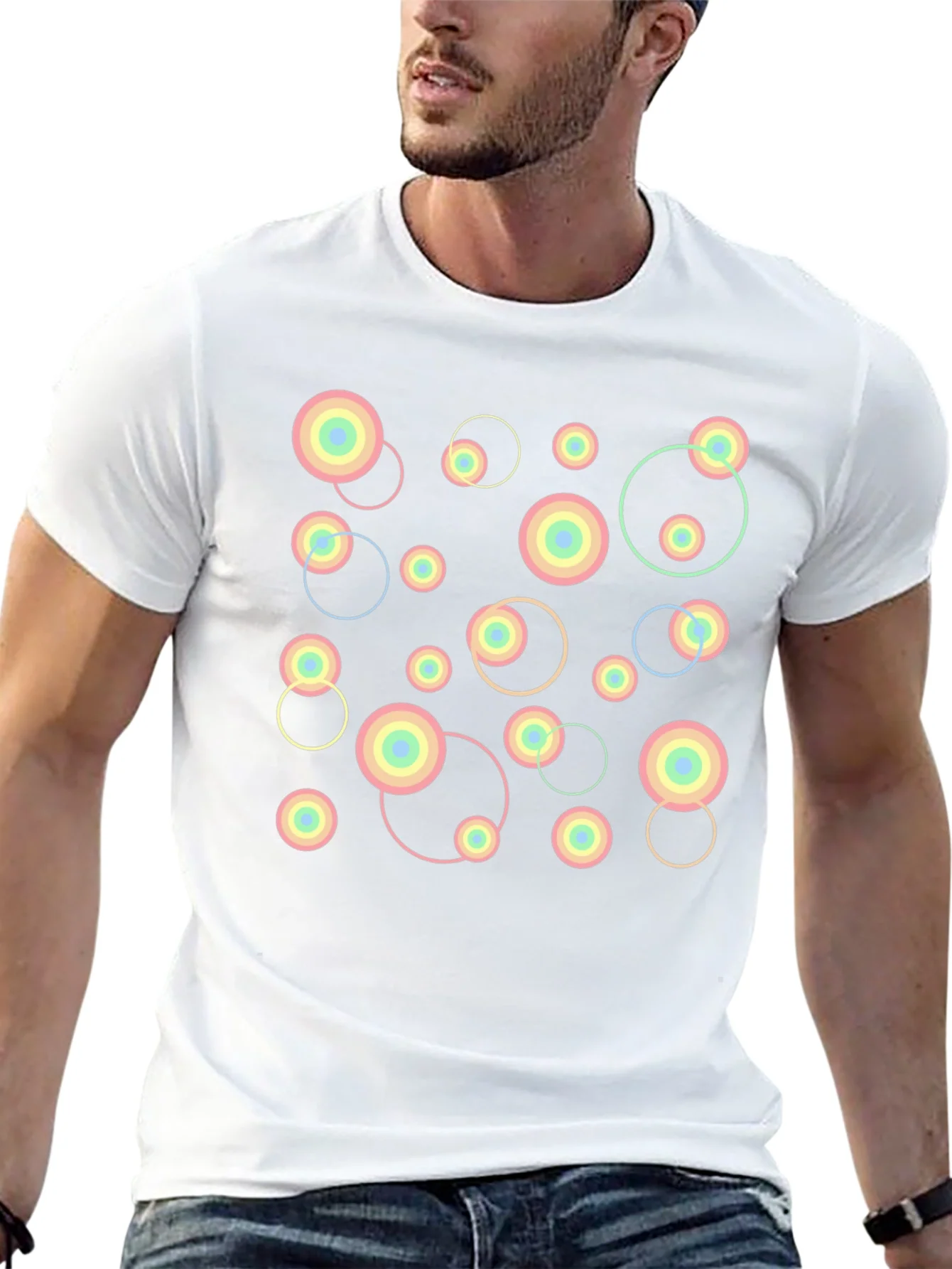 Camiseta Negra con Dise?o Abstracto de C¨ªrculos Pastel