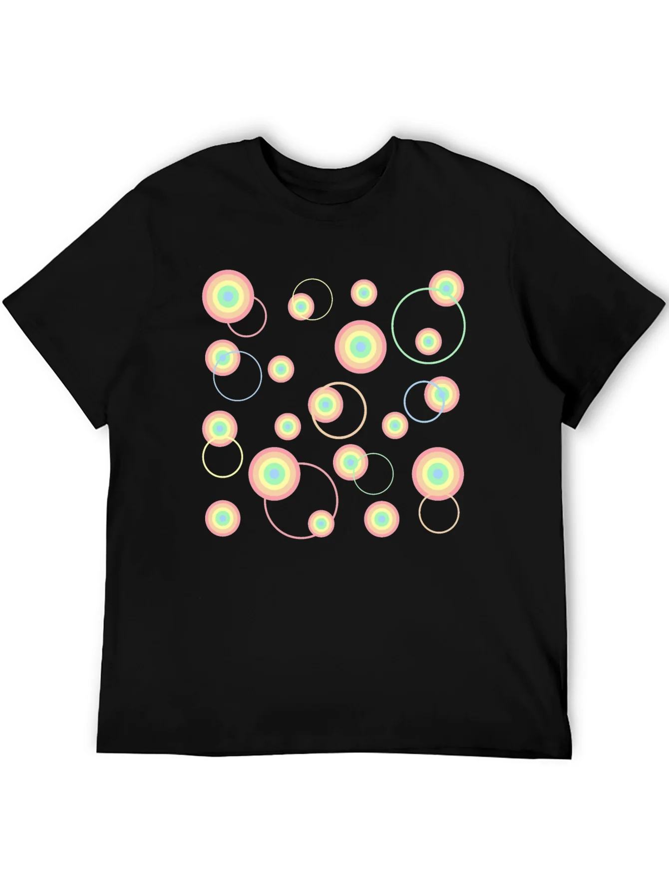 Camiseta Negra con Dise?o Abstracto de C¨ªrculos Pastel