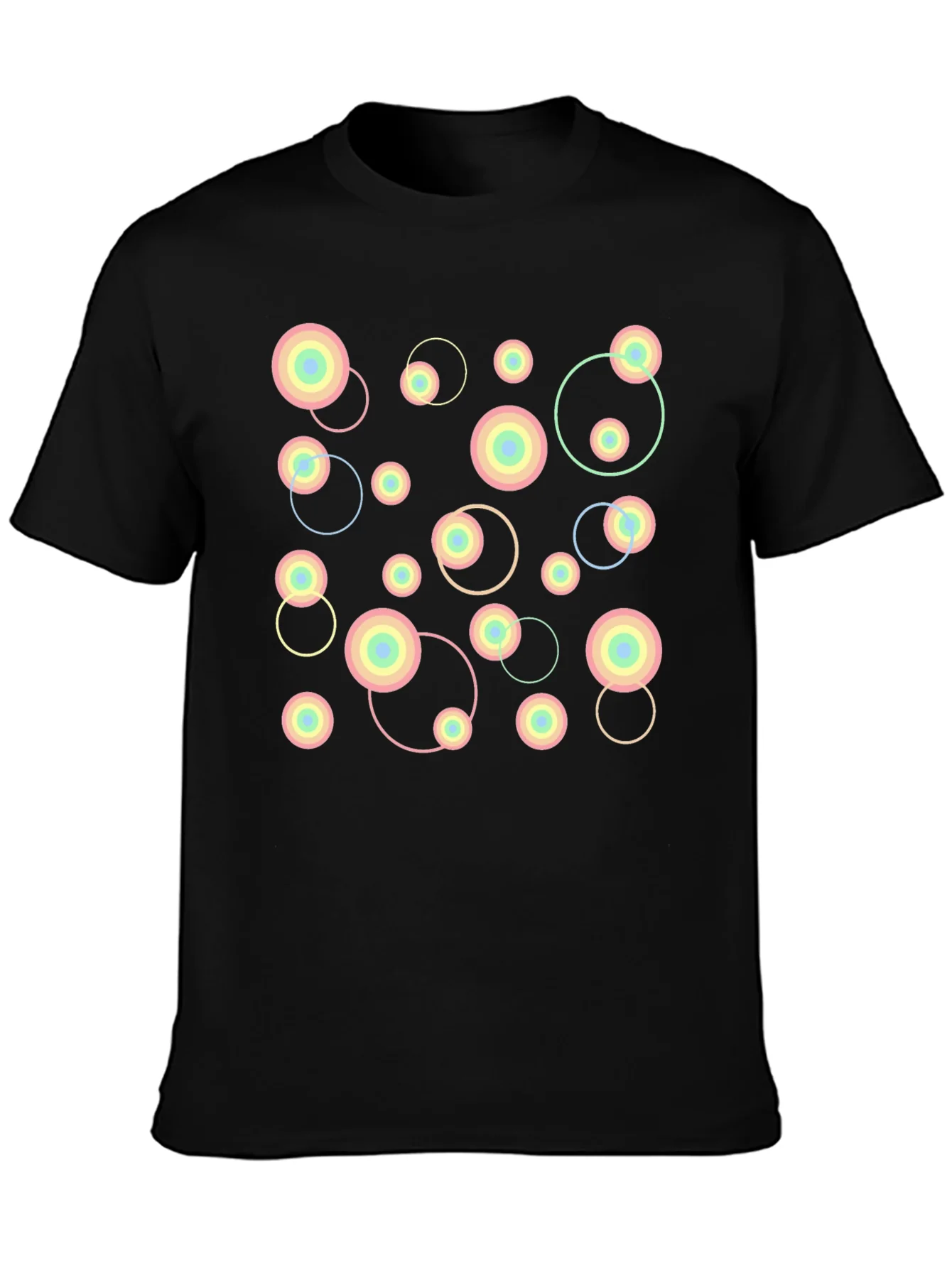 Camiseta Negra con Dise?o Abstracto de C¨ªrculos Pastel