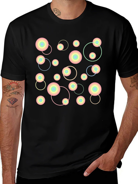 Camiseta Negra con Dise?o Abstracto de C¨ªrculos Pastel