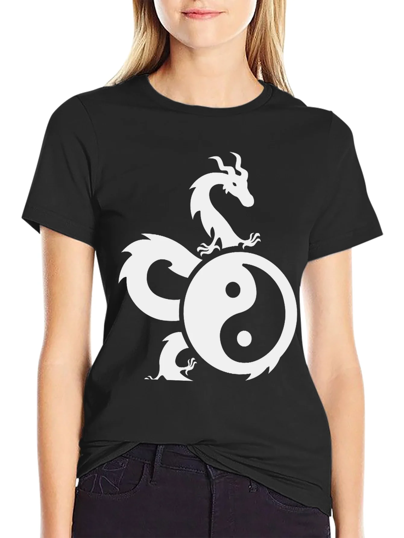 Rebbecca Yin Yang Dragon Graphic Black T-Shirt