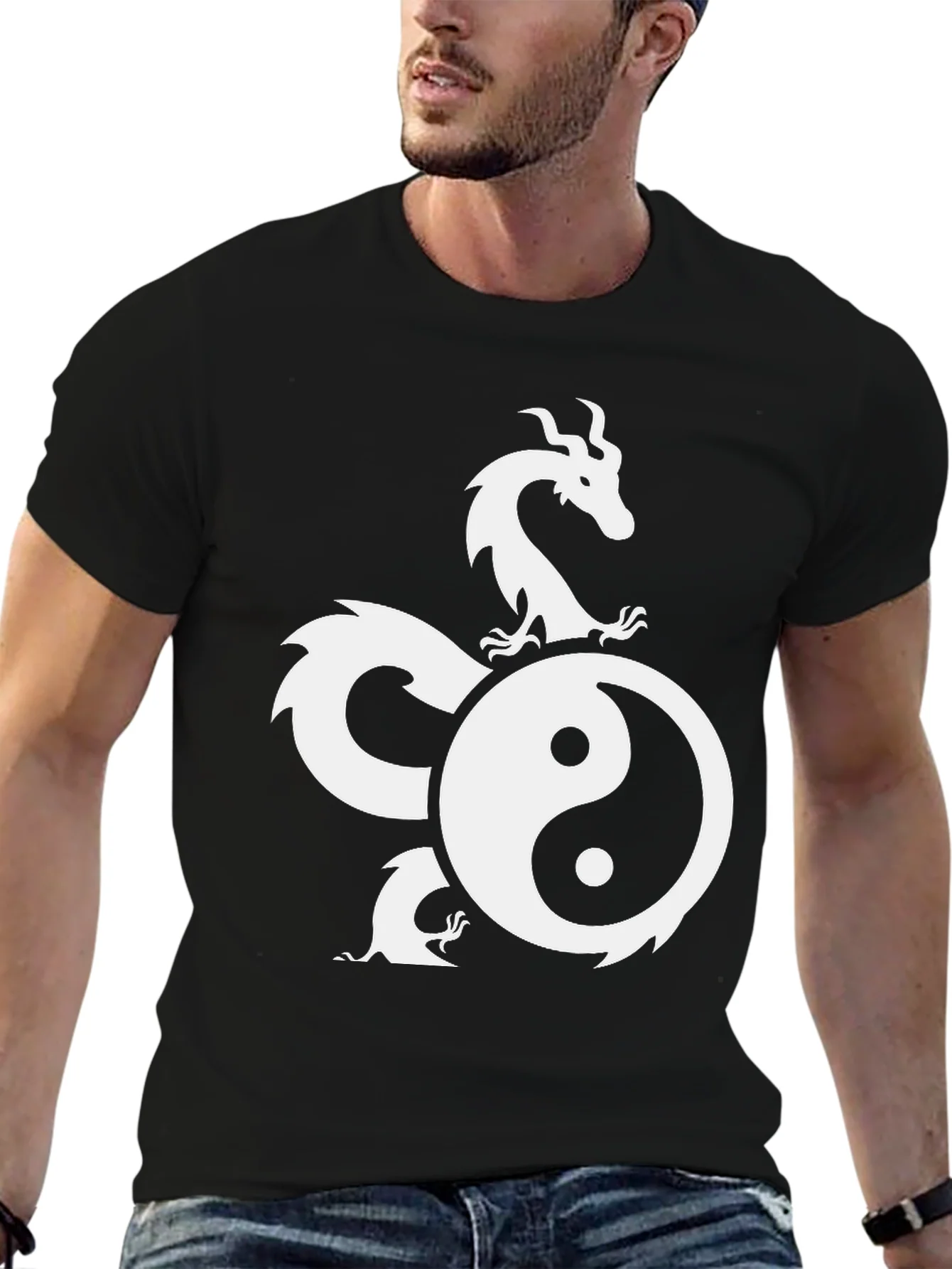Rebbecca Yin Yang Dragon Graphic Black T-Shirt