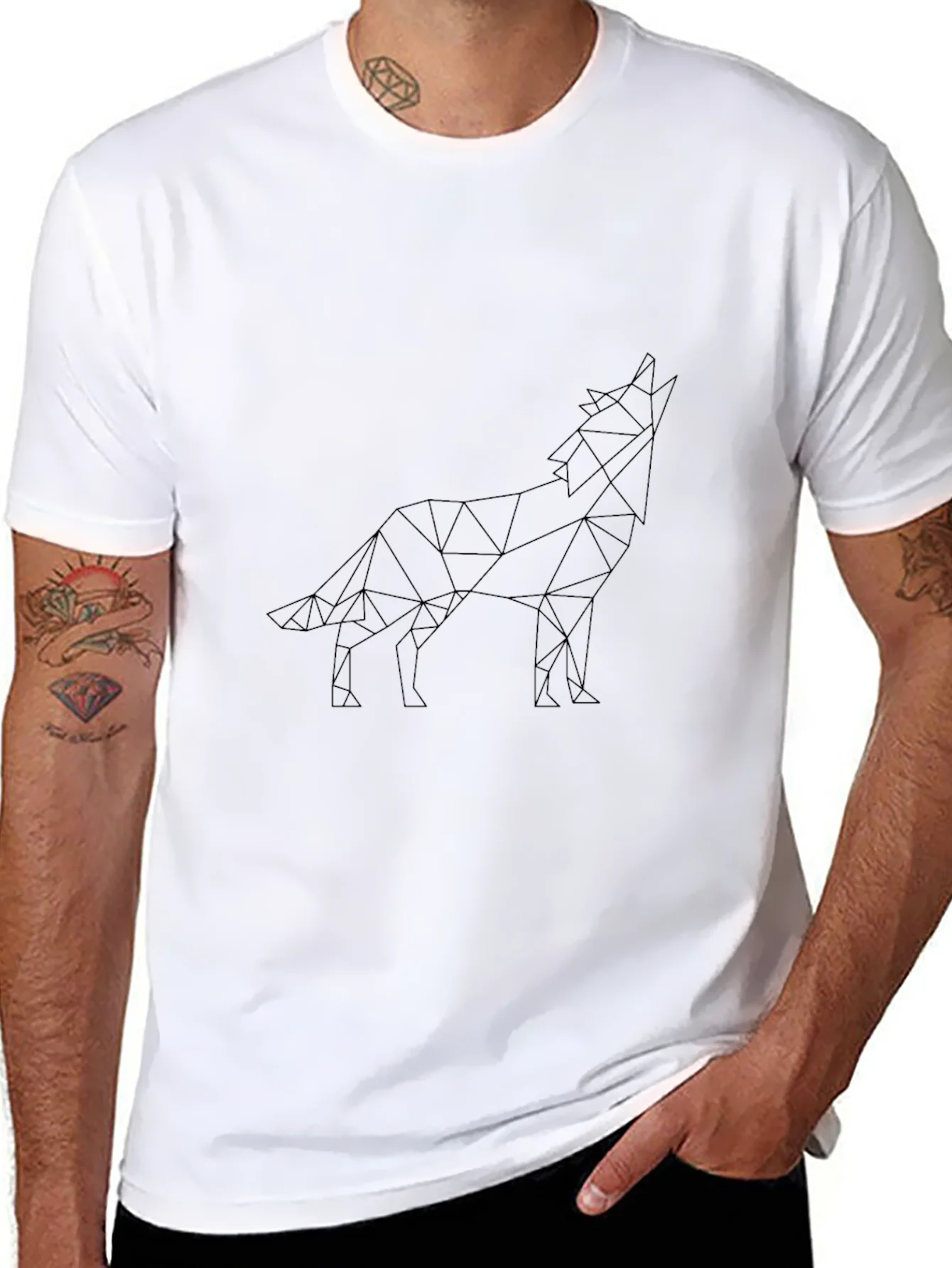 Camiseta Negra Hombre Dise?o Lobo Geom¨¦trico