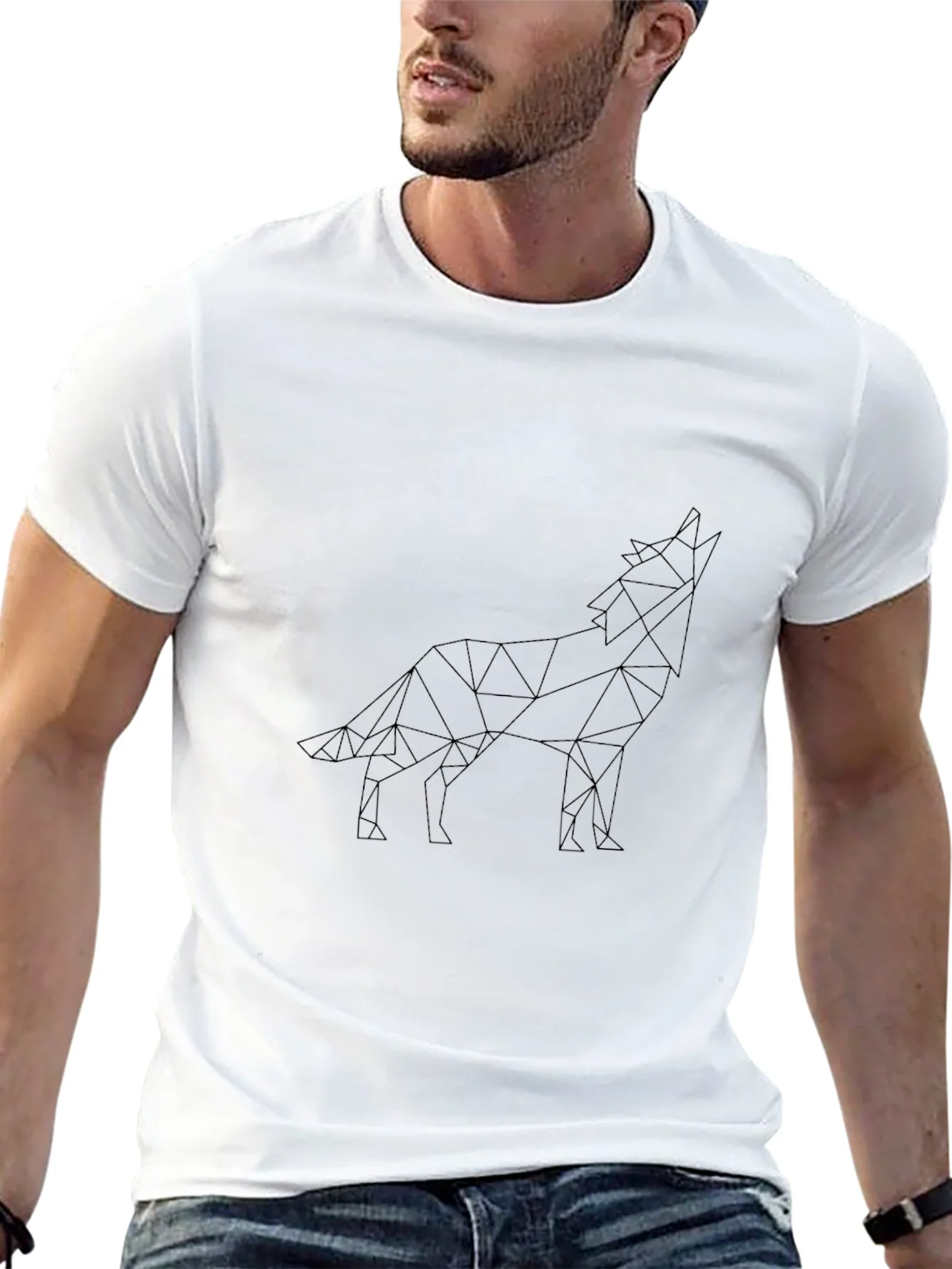 Camiseta Negra Hombre Dise?o Lobo Geom¨¦trico