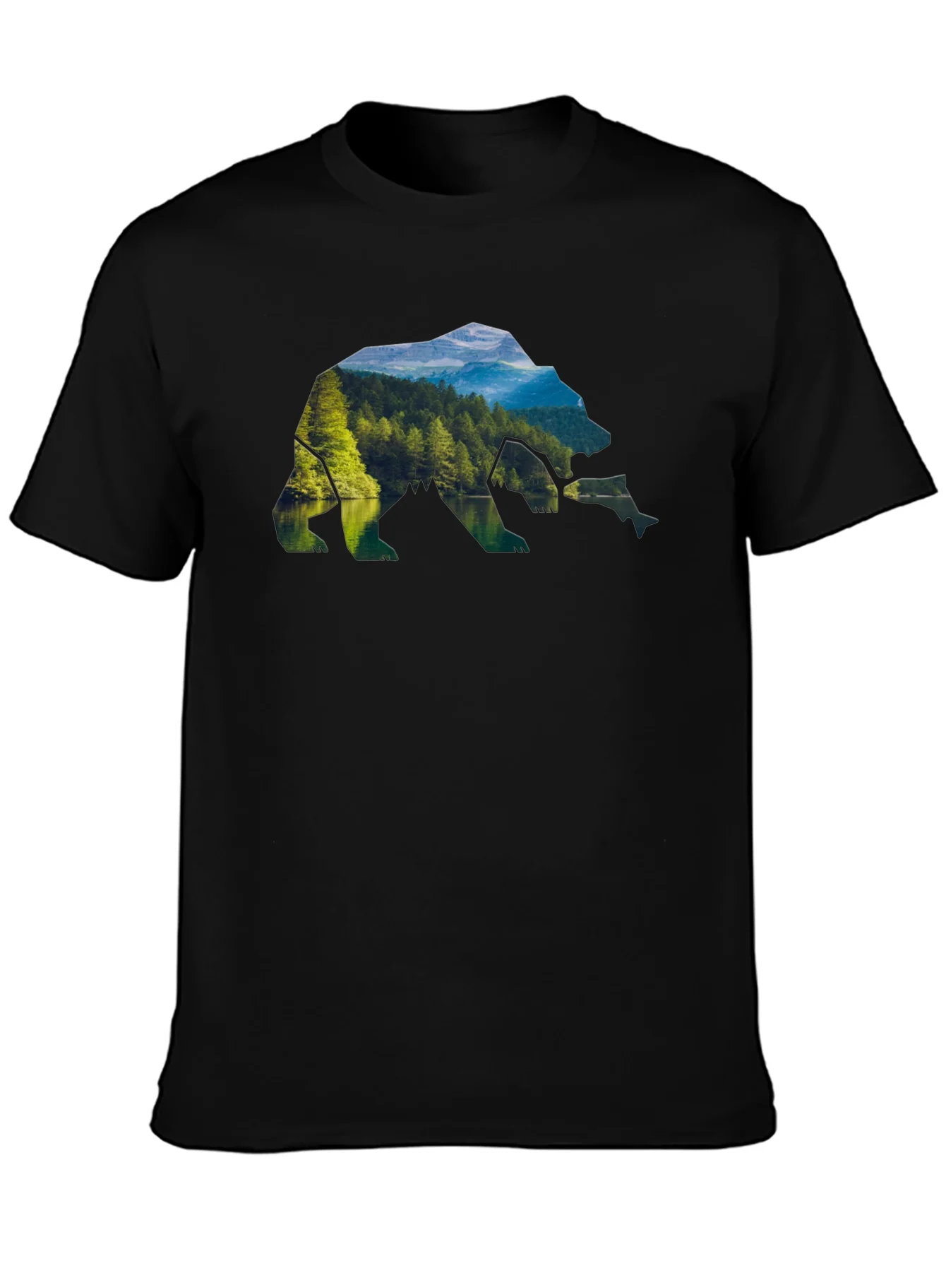 Camiseta Negra Hombre Dise?o Oso Paisaje Natural