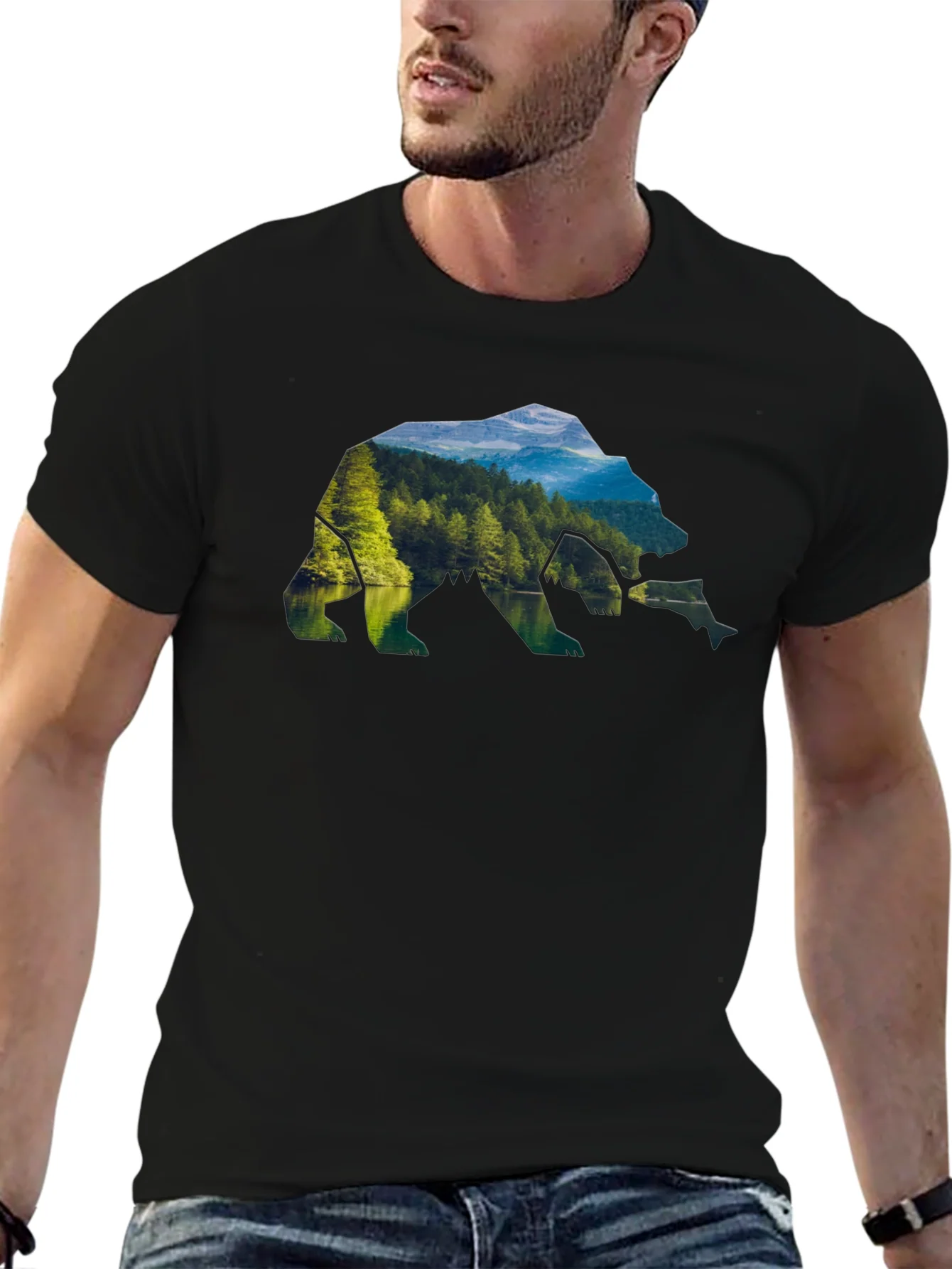 Camiseta Negra Hombre Dise?o Oso Paisaje Natural