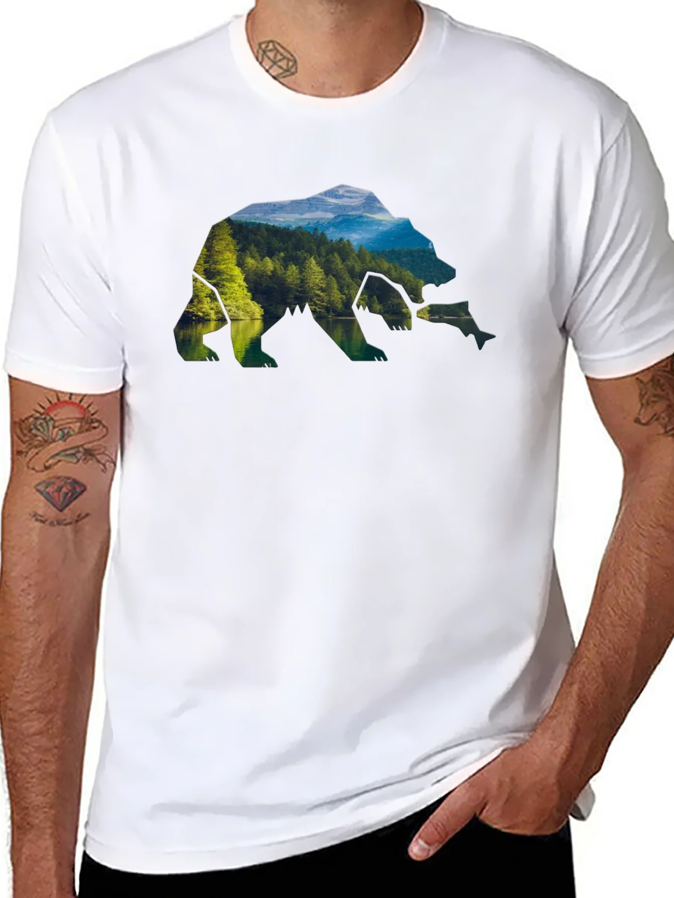 Camiseta Negra Hombre Dise?o Oso Paisaje Natural
