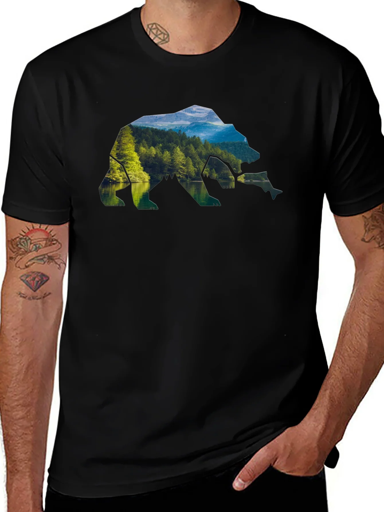 Camiseta Negra Hombre Dise?o Oso Paisaje Natural