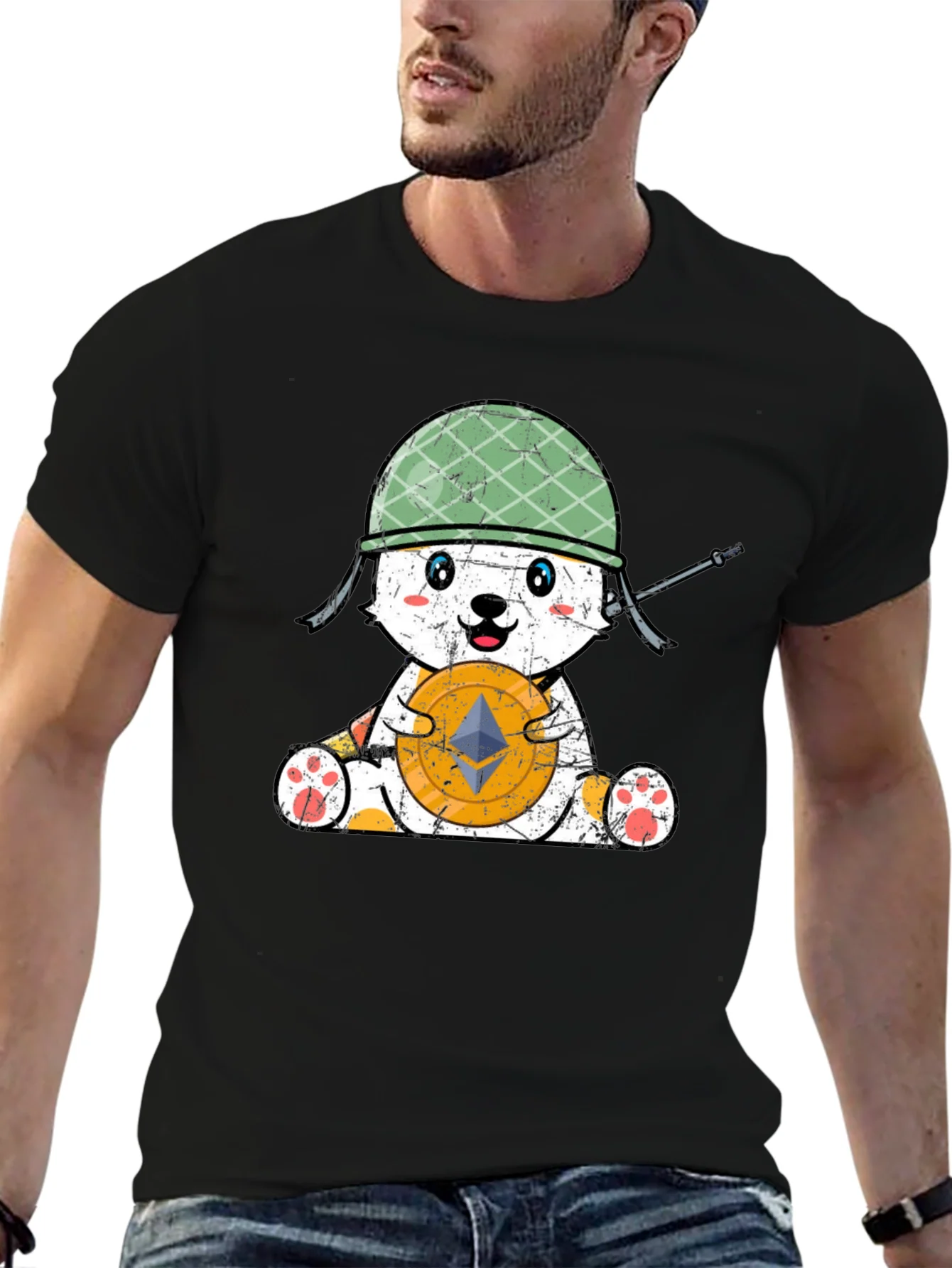 Camiseta Negra con Dise?o de Oso Militar Crypto