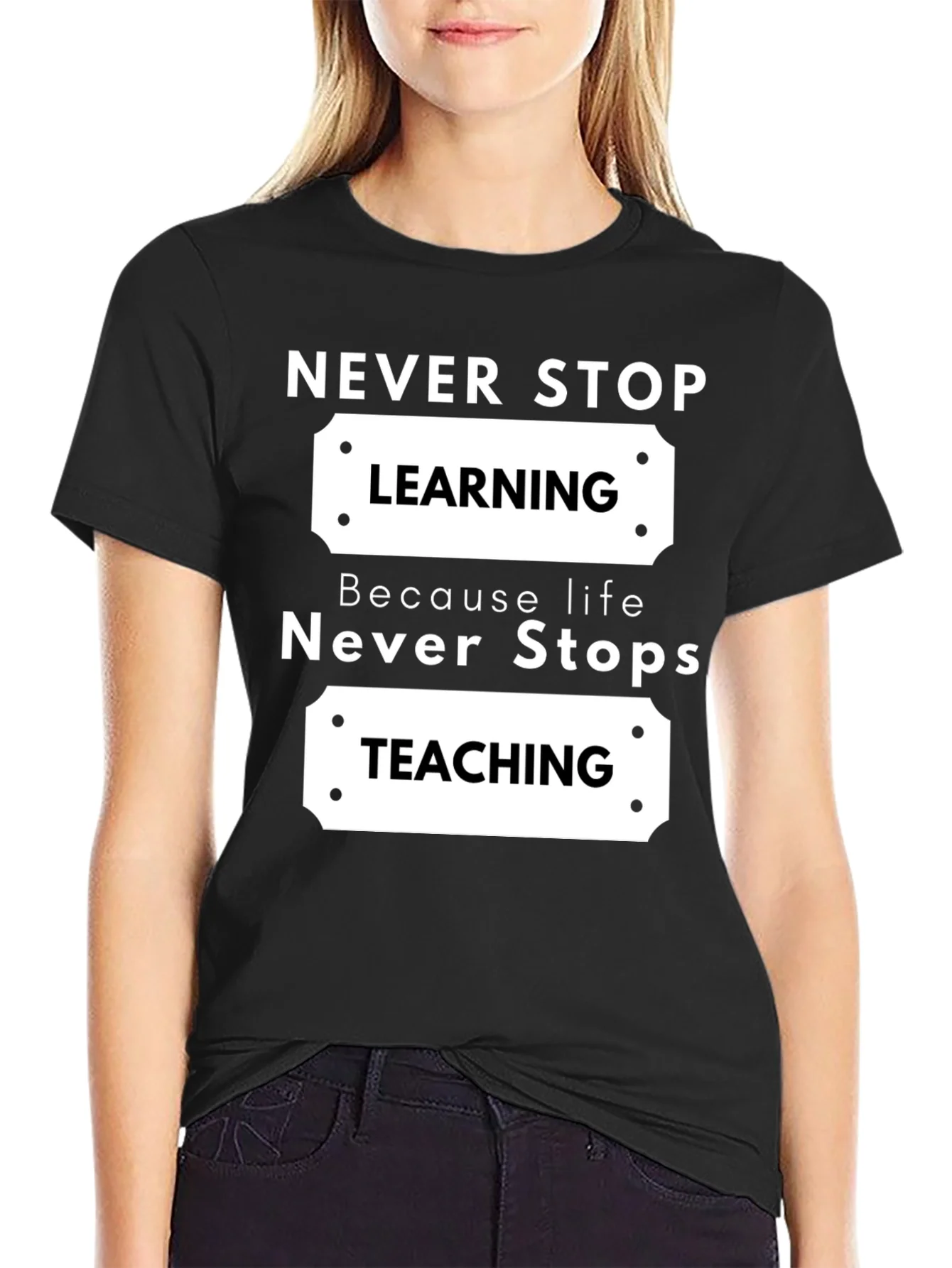 Rebbecca Never Stop Learning Black Graphic T-Shirt