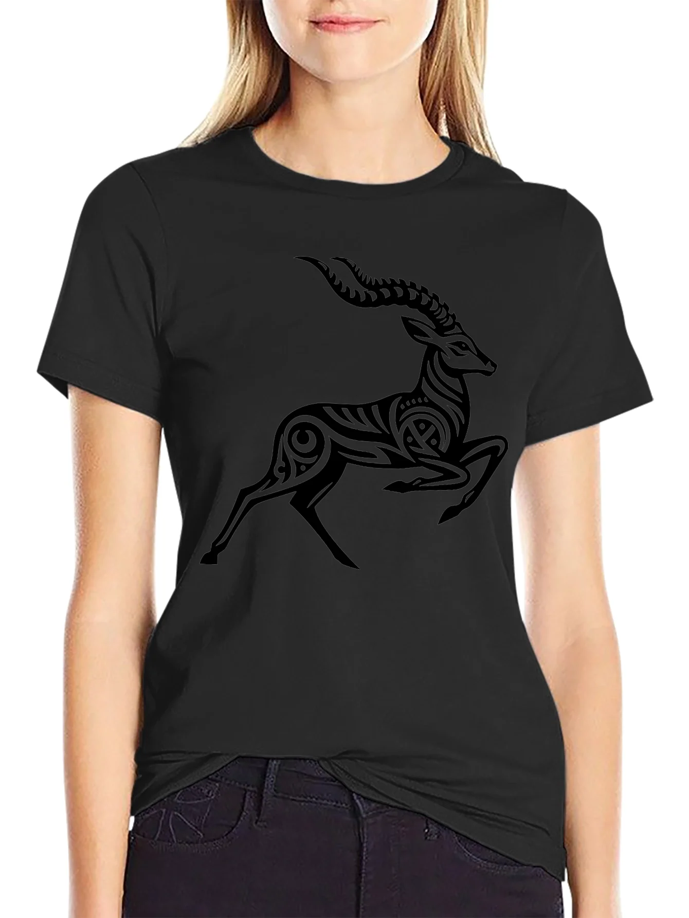Rebbecca Tribal Antelope Graphic Black T-Shirt