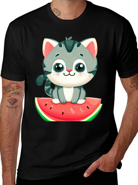 Rebbecca Cute Cat on Watermelon Graphic Tee - Black T-Shirt