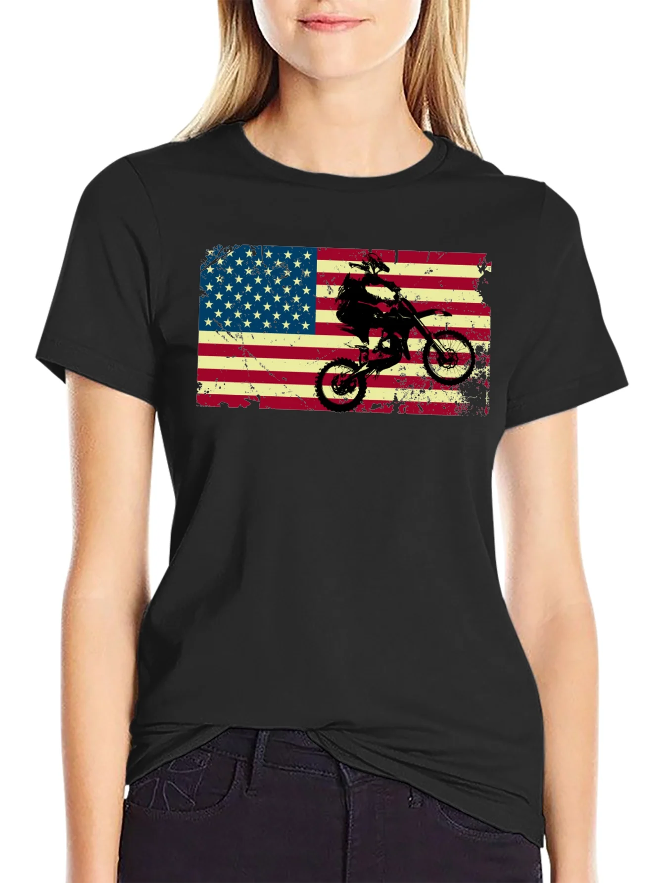 Camiseta Negra con Dise?o Americano y Motocross