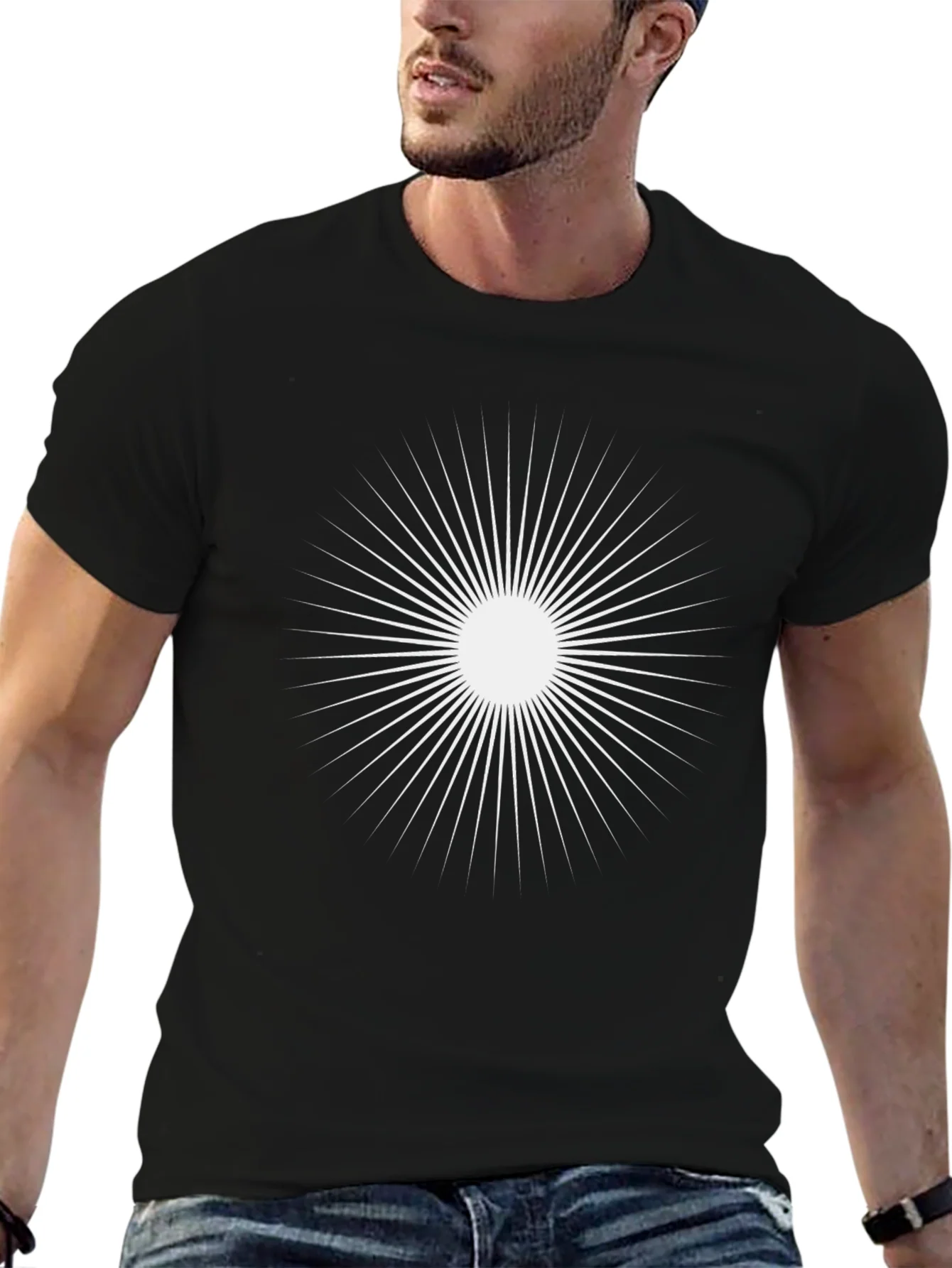 Camiseta Negra con Dise?o Solar Abstracto