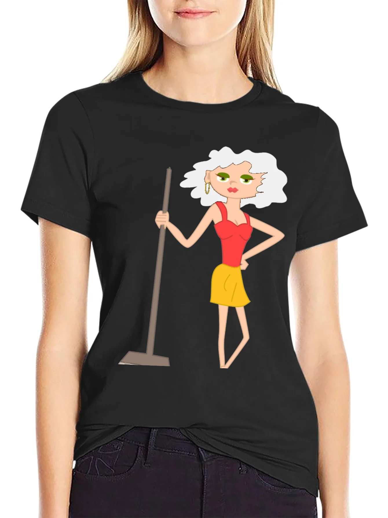 Camiseta Negra con Dise?o de Mujer de Limpieza