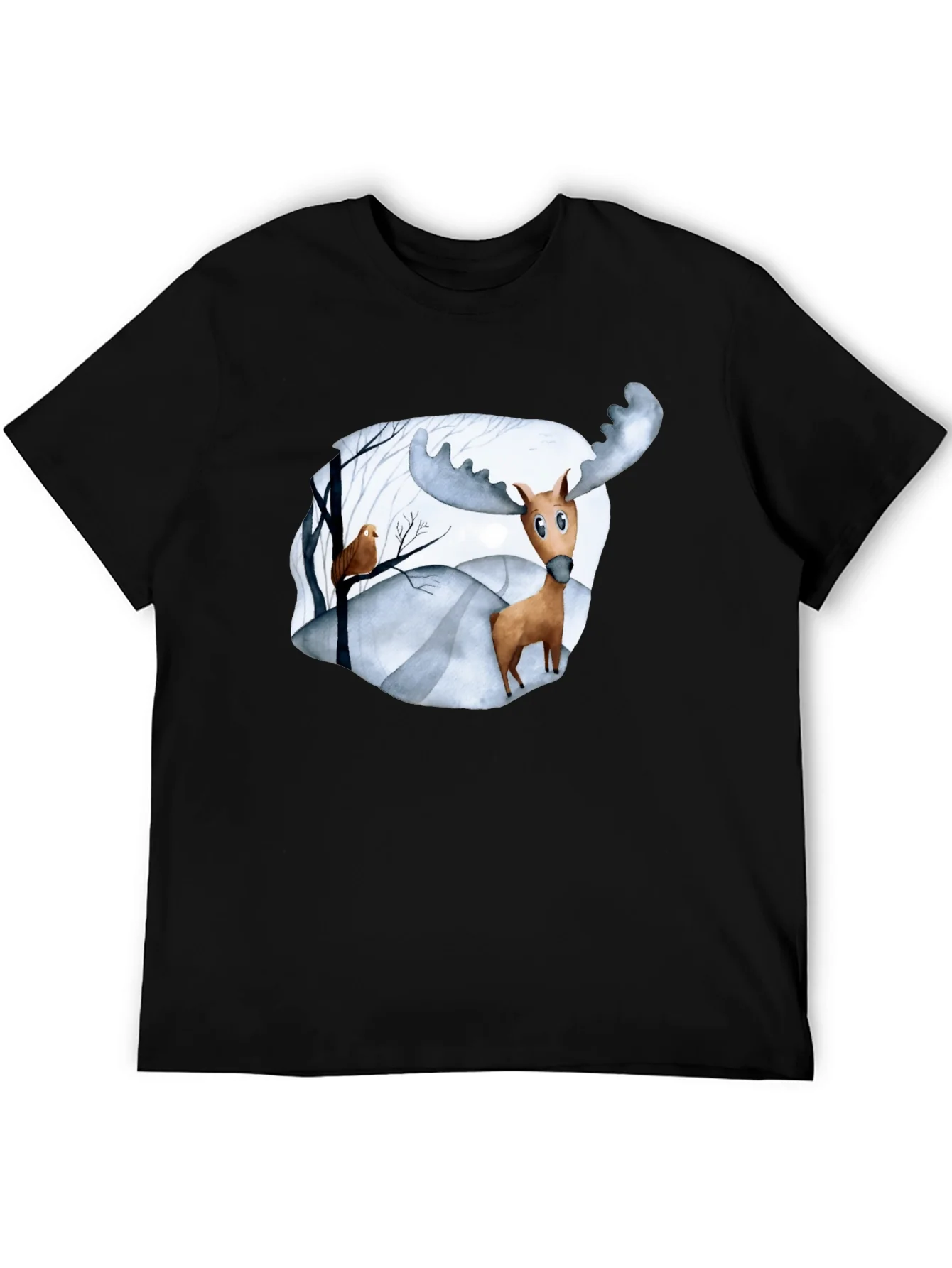 Camiseta Negra con Estampado de Alce Divertido