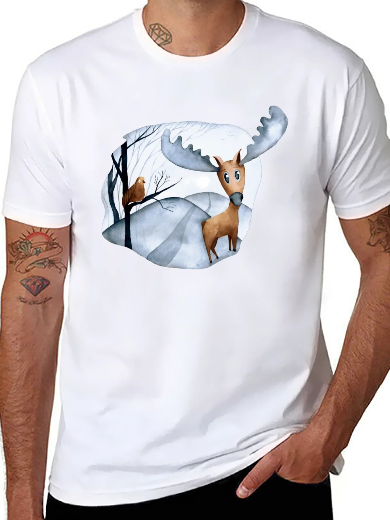 Camiseta Negra con Estampado de Alce Divertido